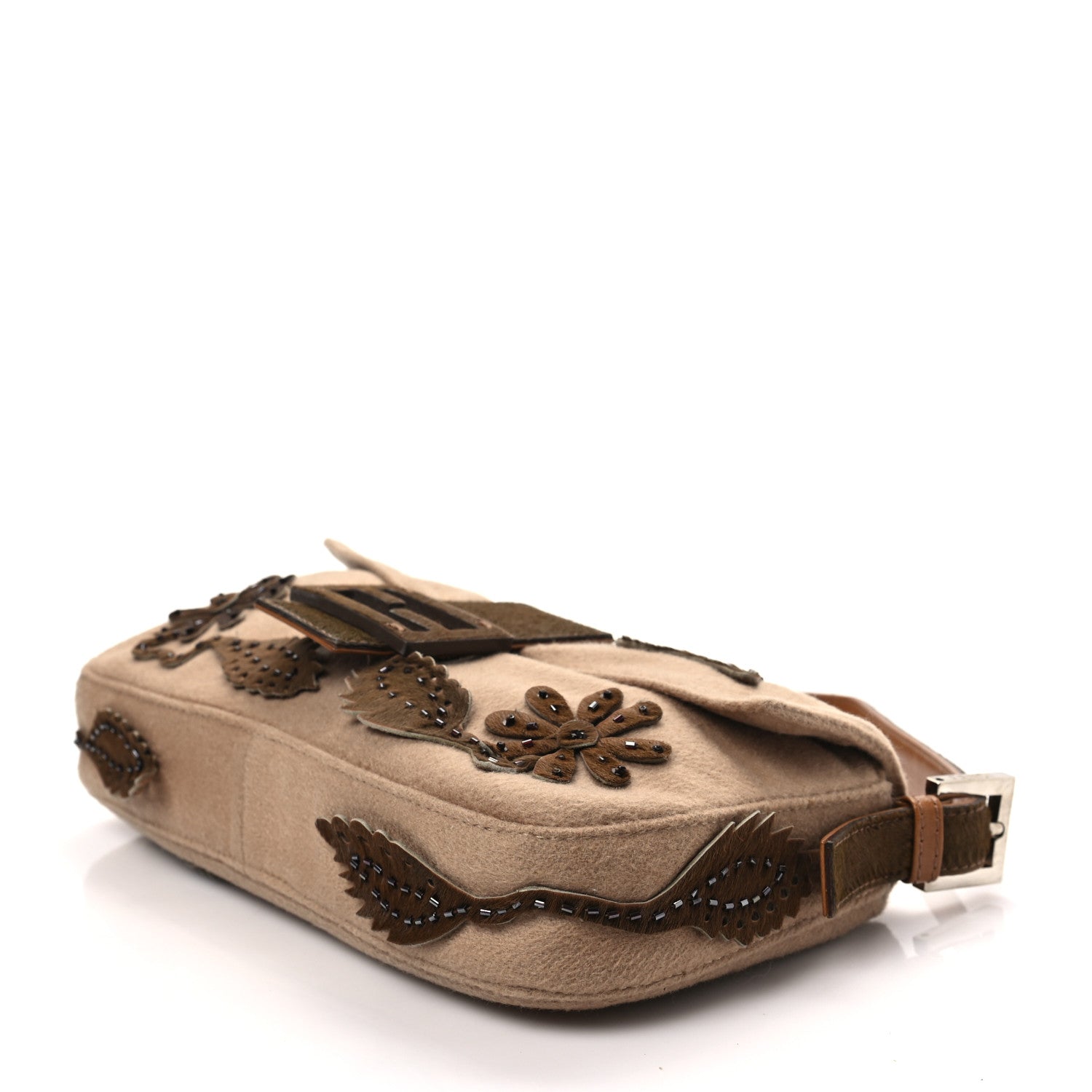 Fendi Wool Pony Hair Flower Applique Baguette Brown 6 of 6