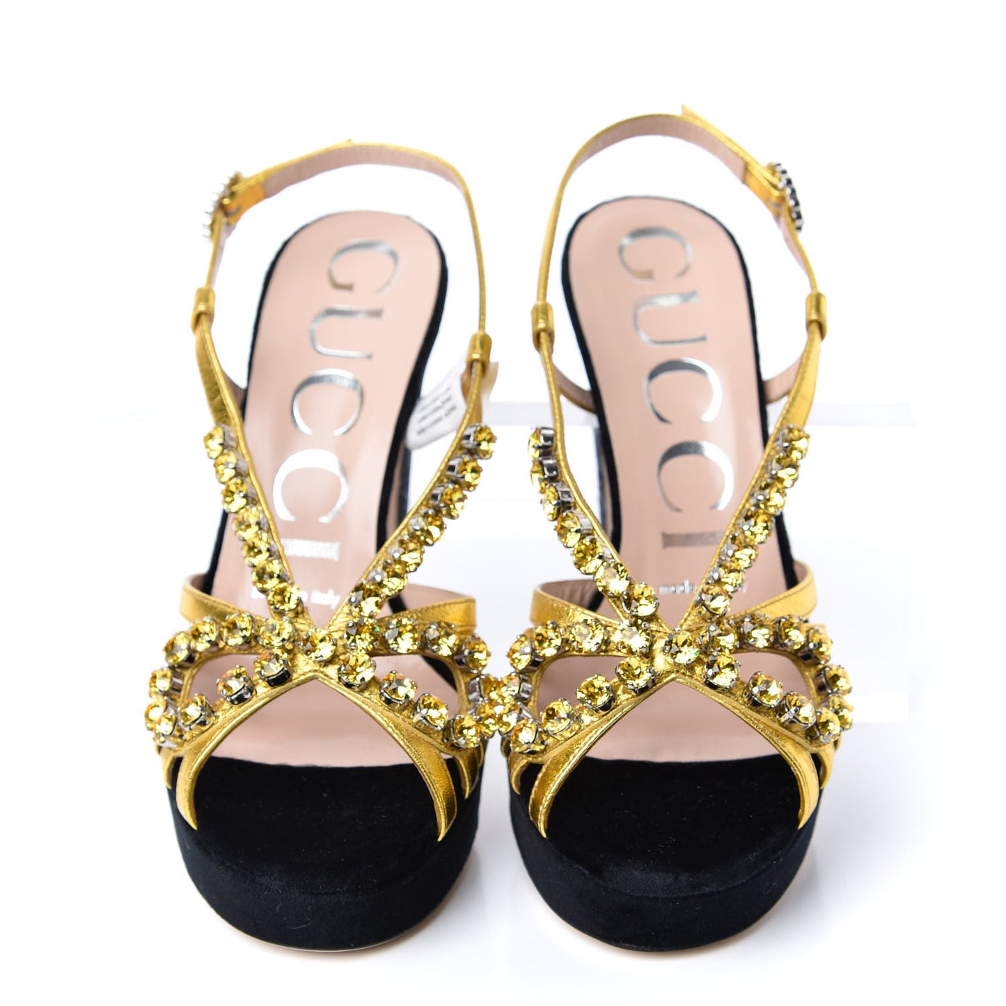 Velvet Nappa Crystal Zephyra Slingback Platform High Heel Sandals 35.5 Black Gold