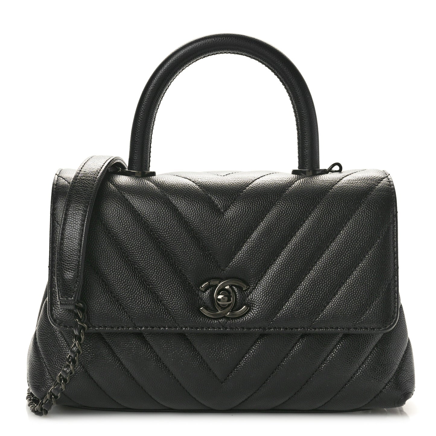 Caviar Chevron Quilted Mini Coco Handle Flap So Black