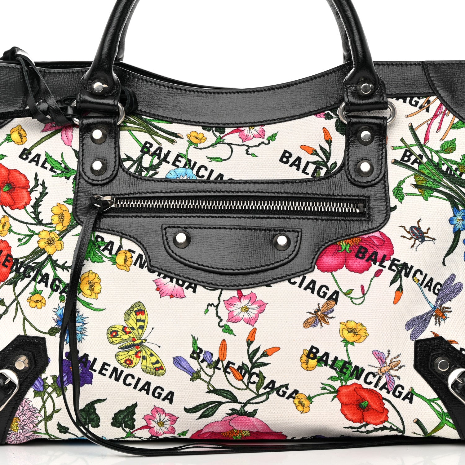 Balenciaga X GUCCI Canvas Azalea Calfskin Flora Logo Print Neo Classic Silver Hardware Medium City White Multicolor Black 8 of 12