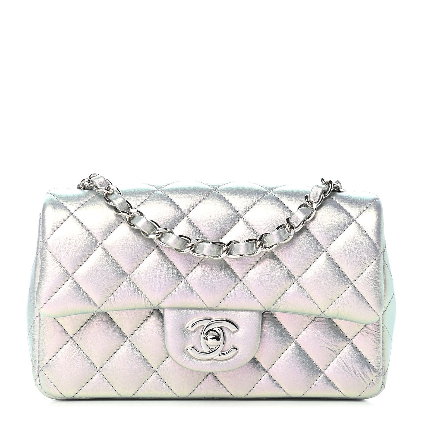 Iridescent Calfskin Quilted Mini Rectangular Flap Light Purple