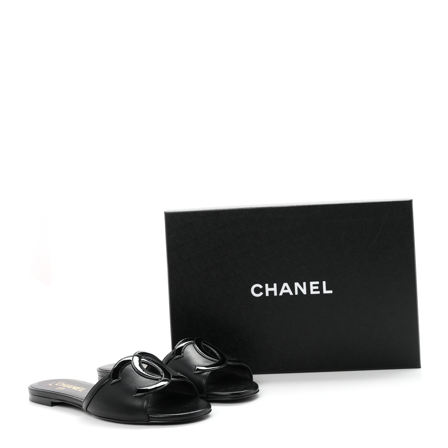 Chanel Lambskin Patent Calfskin CC Cutout Mules 37.5 Black 10 of 10