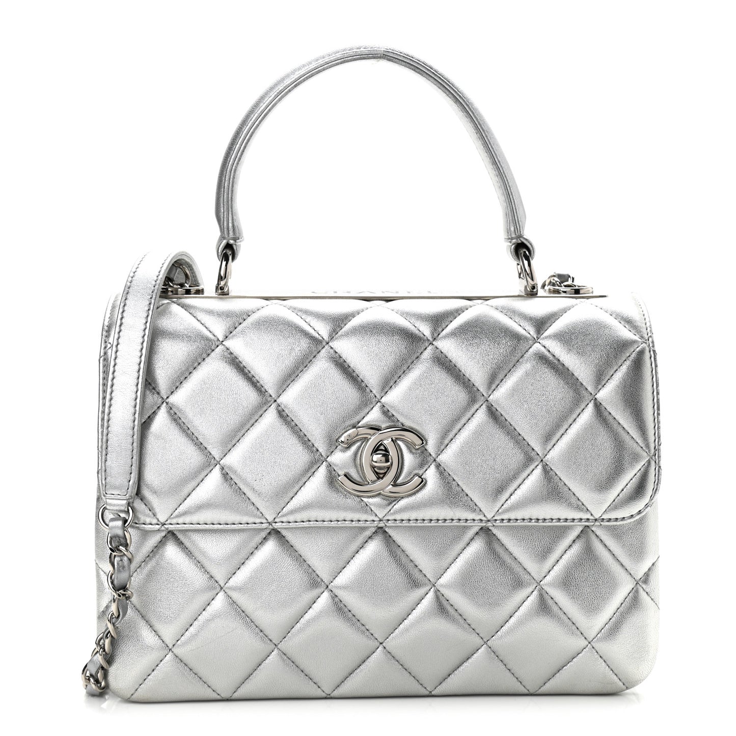 Metallic Lambskin Quilted Small Trendy CC Flap Dual Handle Bag Silver