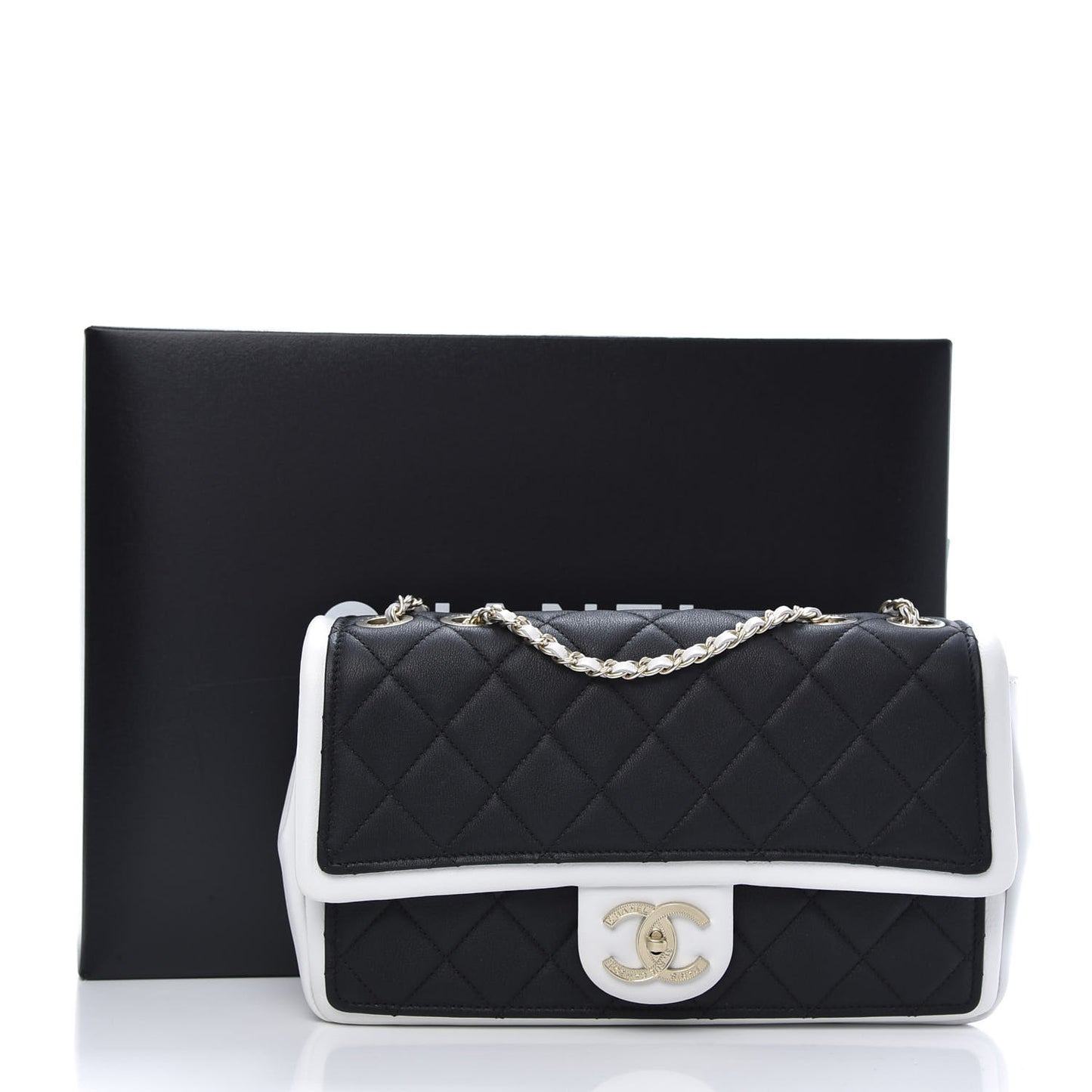 Calfskin Quilted Medium Graphic Flap Black White