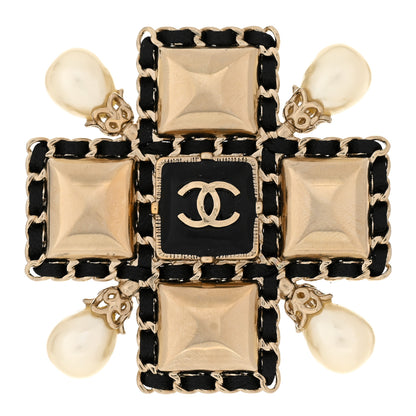 Chanel Pearl Lambskin Resin Maltese Cross Brooch Pendant Gold Black White 1 of 5