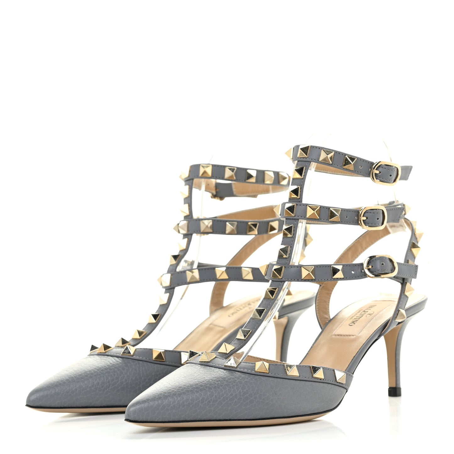 Pebbled Calfskin Rockstud Ankle Strap 65mm Pumps 36.5 Sky Sorbet