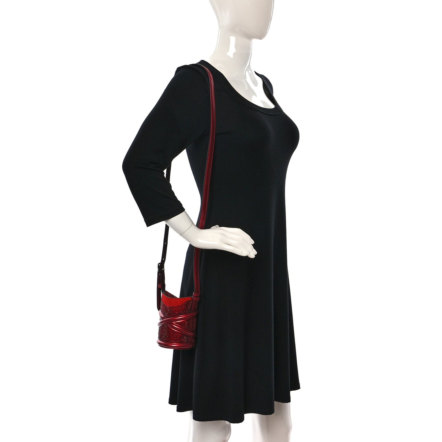 Metallic Calfskin Crystal Micro Curve Bucket Bag Red