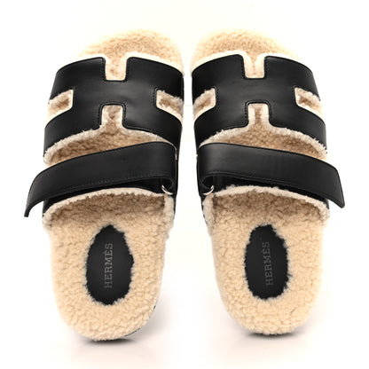 Hermes Calfskin Woolskin Womens Chypre Sandals 38 Black Ecru 2 of 9