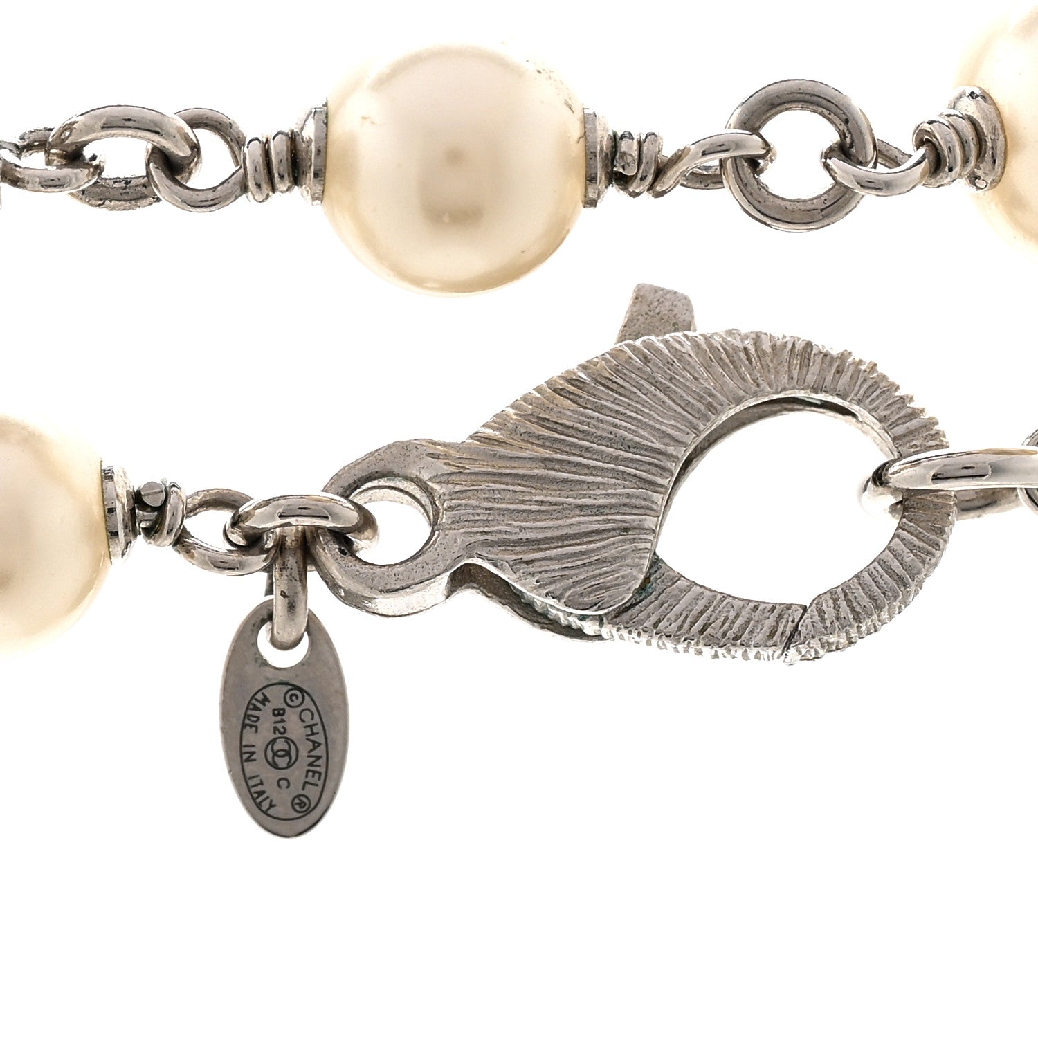 Chanel Pearl Crystal CC Camellia Long Necklace Silver 5 of 6
