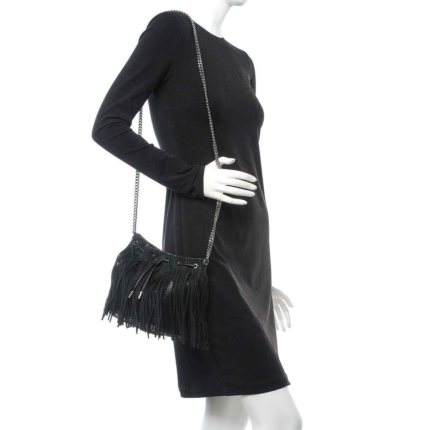 Shaggy Deer Fringe Falabella Bucket Bag Black