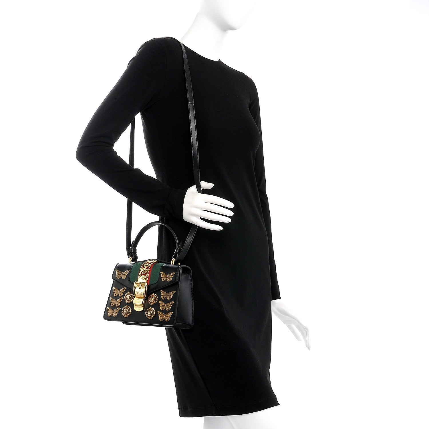 Gucci Calfskin Animal Studs Mini Sylvie Top Handle Bag Black 3 of 9