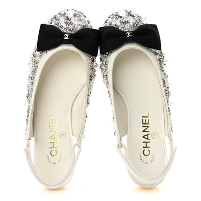 Chanel Satin Crystal Lambskin Grosgrain Bow CC Slingback Flats 35 White Black 2 of 10