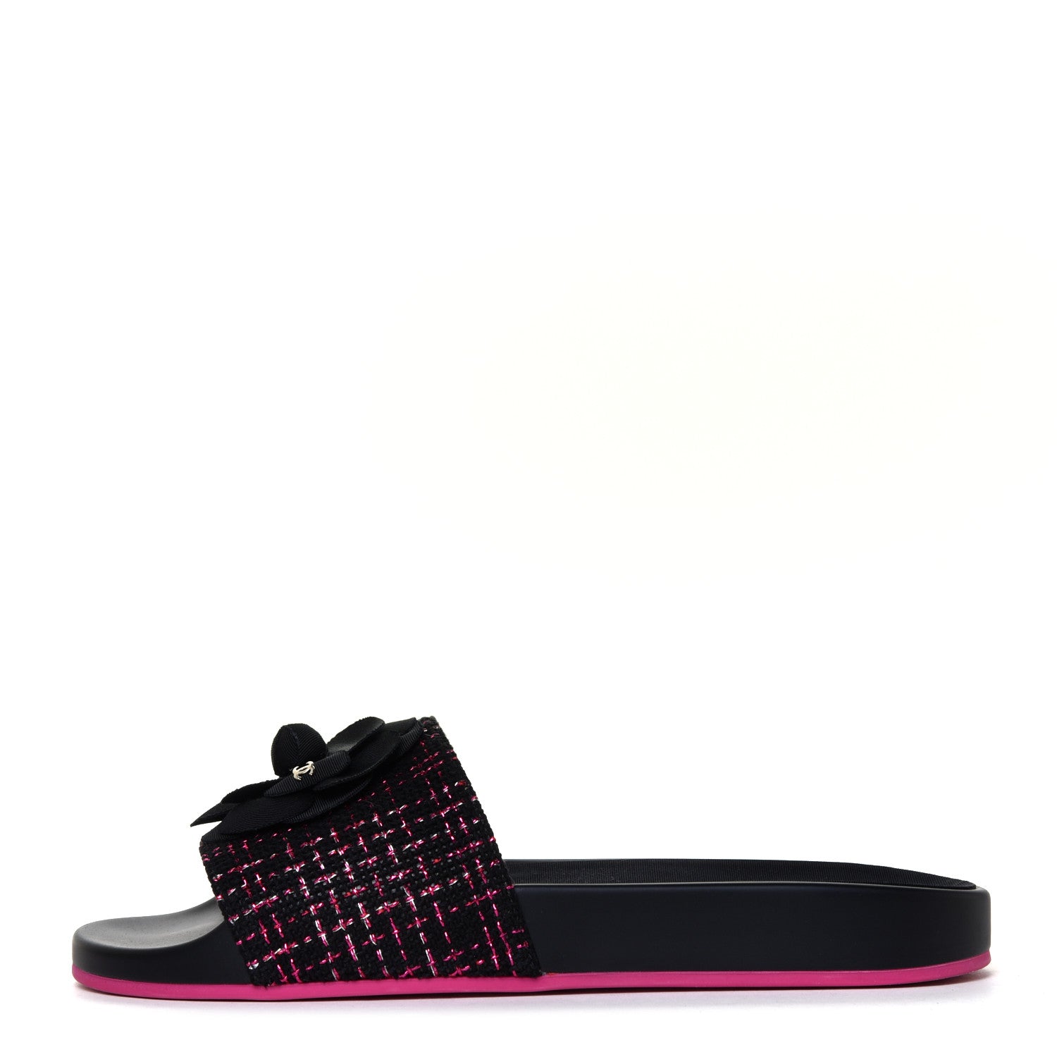 Chanel Tweed Grosgrain Camellia CC Flat Mules 40 Black Pink 1 of 12