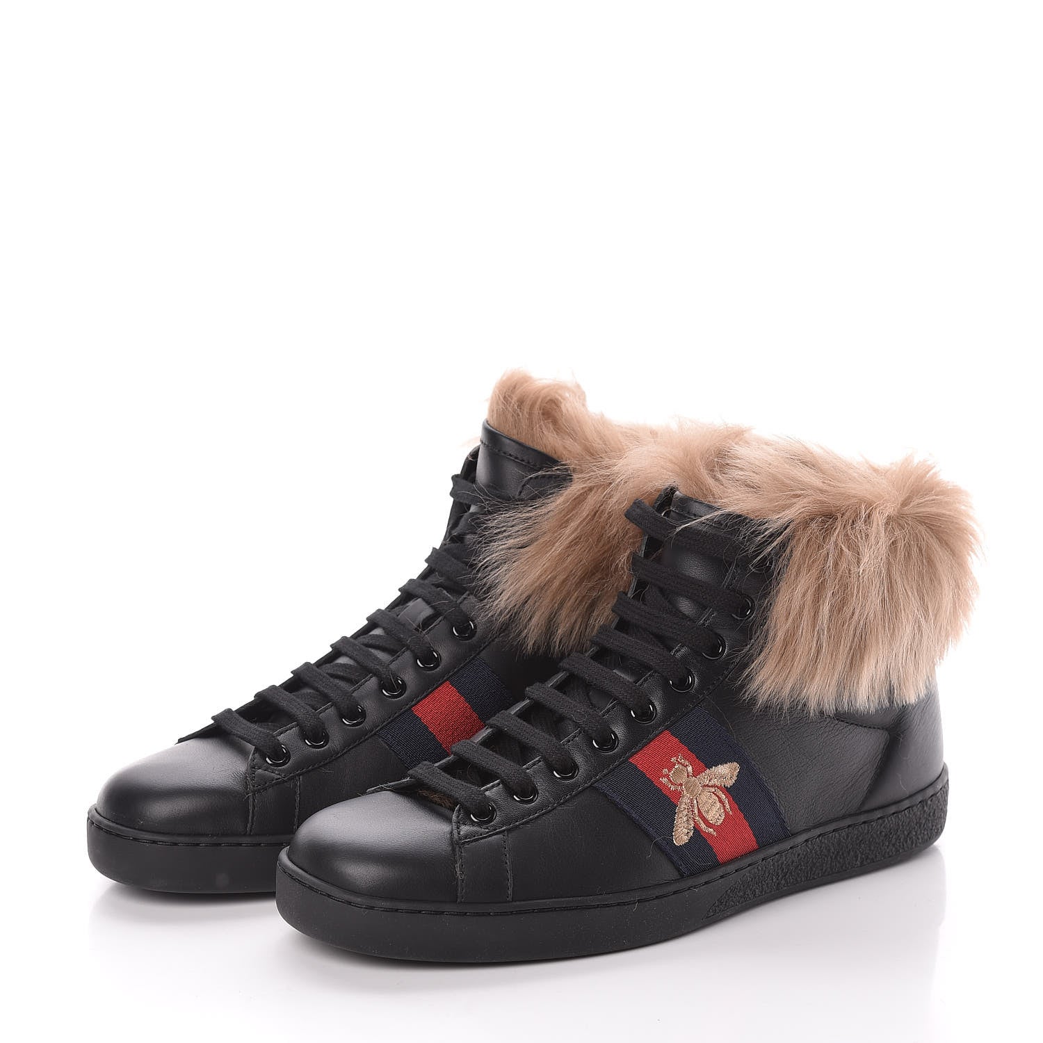 Gucci Calfskin Wool Web Bee Embroidered Mens Ace High Top Sneakers 6 Black 3 of 7
