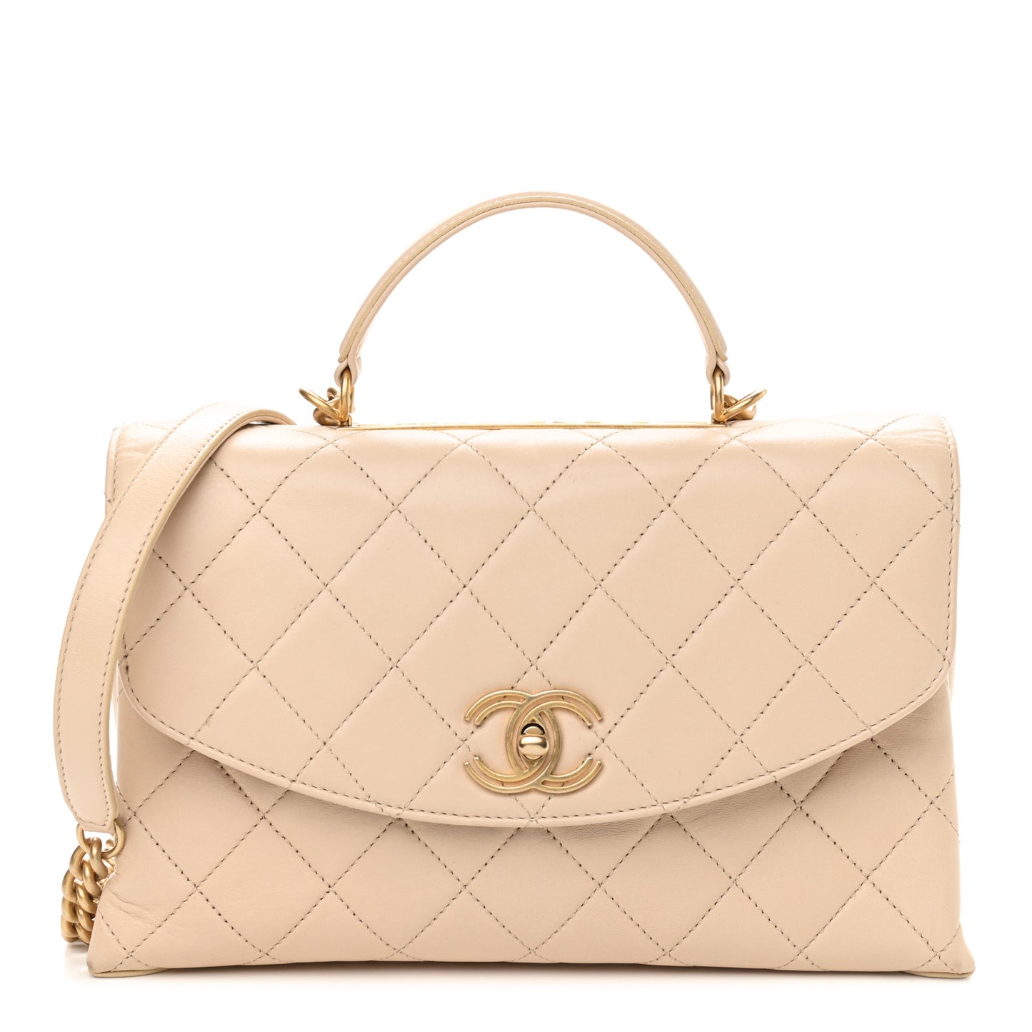 Lambskin Quilted Large Trendy Spirit Top Handle Bag Beige