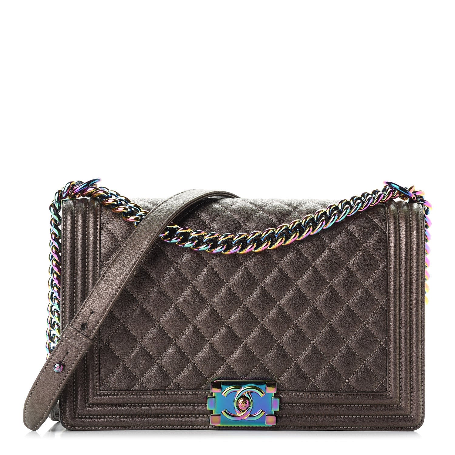 Chanel Iridescent Goatskin Quilted New Medium Boy Flap Dark Gold 1 of 9