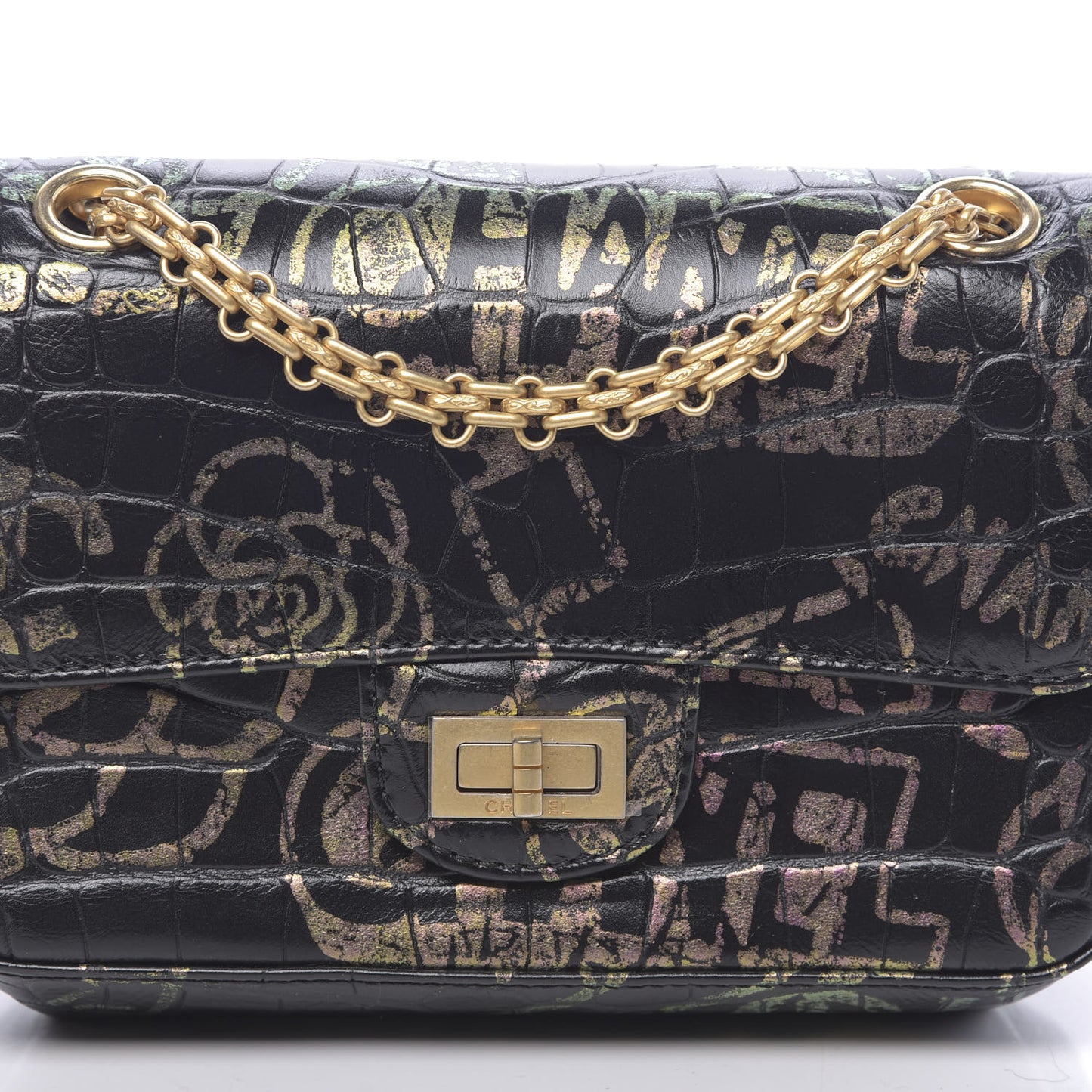Calfskin Crocodile Embossed Graffiti 2.55 Mini Cocodile Reissue Flap Black Pink