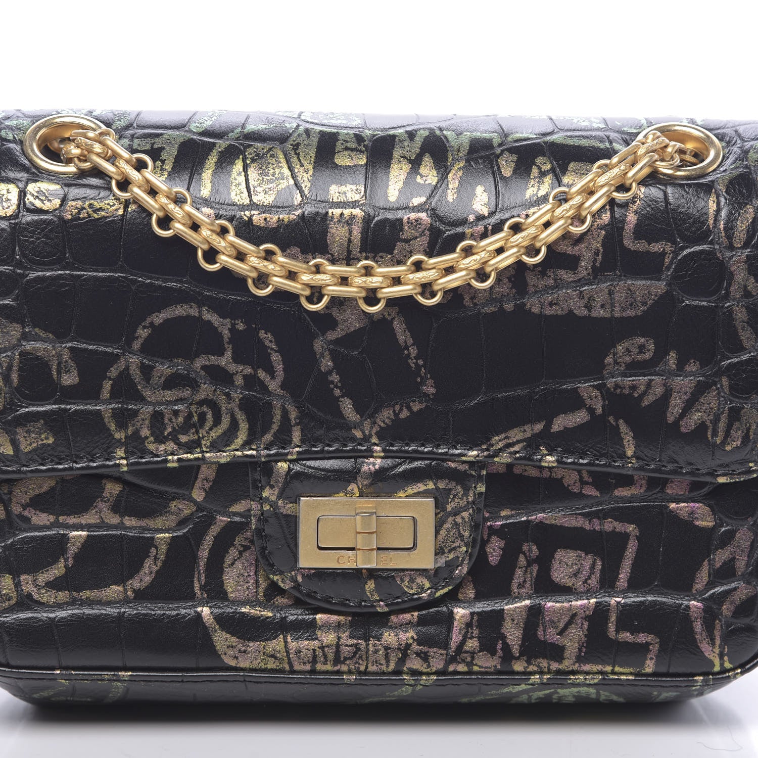 Chanel Calfskin Crocodile Embossed Graffiti 2.55 Mini Cocodile Reissue Flap Black Pink 8 of 10