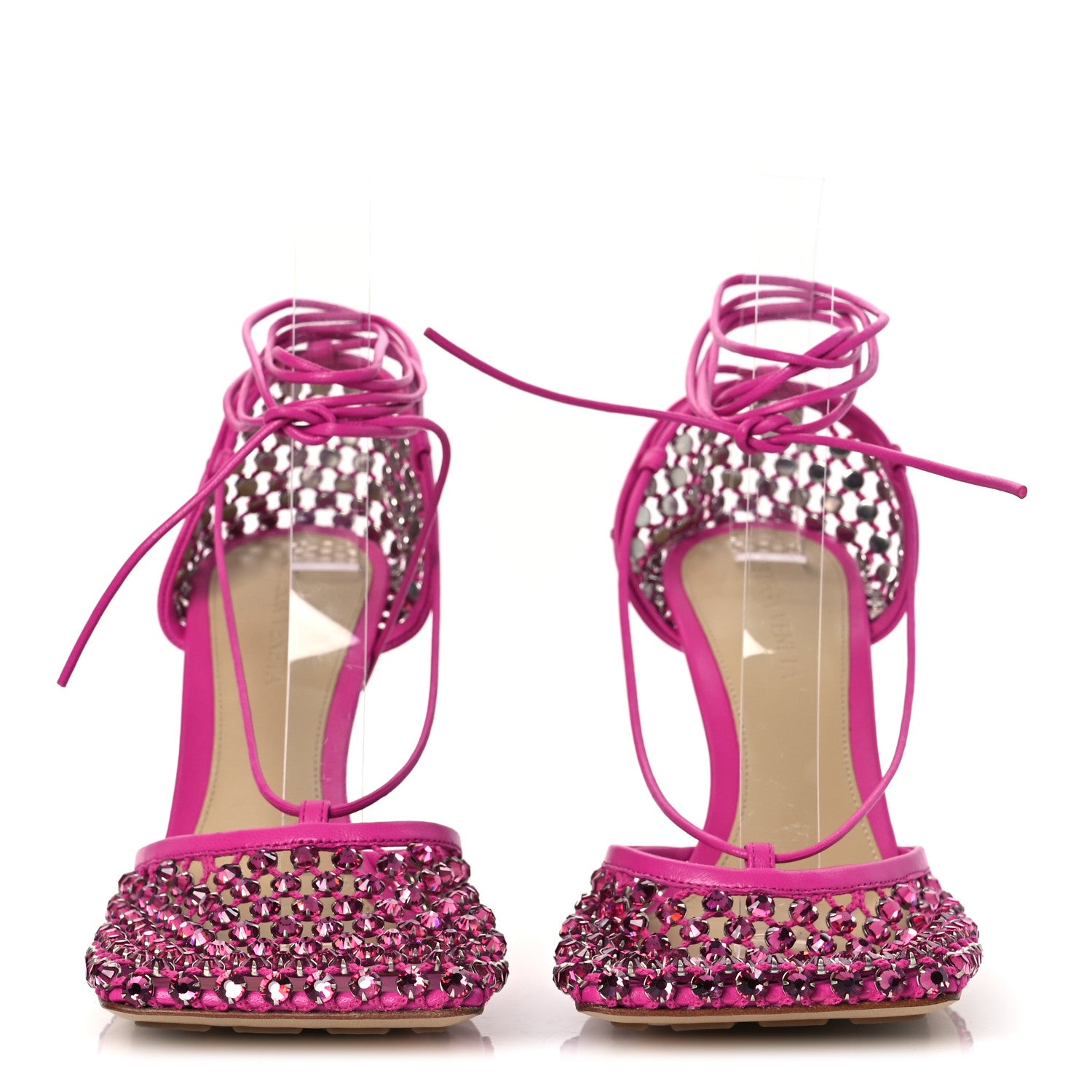 Bottega Veneta Mesh Nappa Crystal Embellished Sparkle Stretch Ankle Tie 90mm Sandals 37.5 Hollyhock 3 of 10