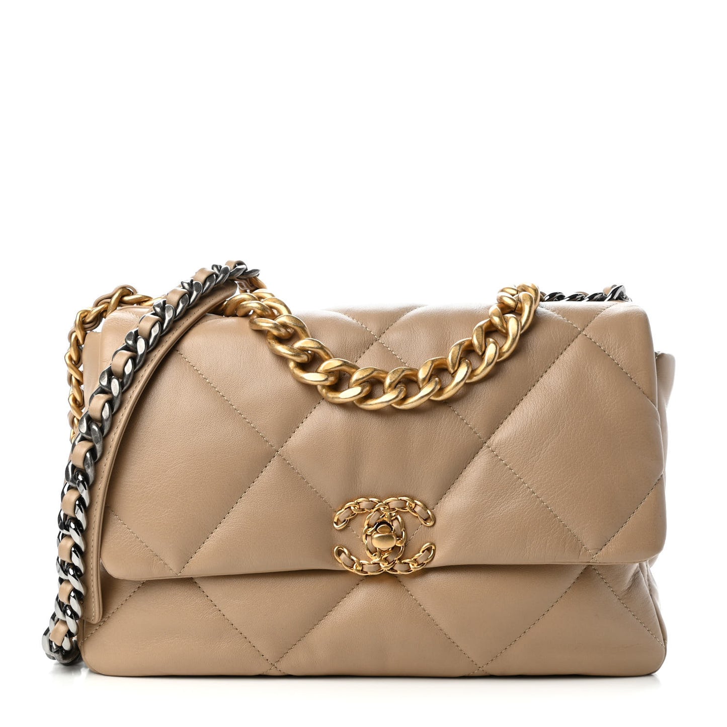 Lambskin Quilted Large Chanel 19 Flap Dark Beige