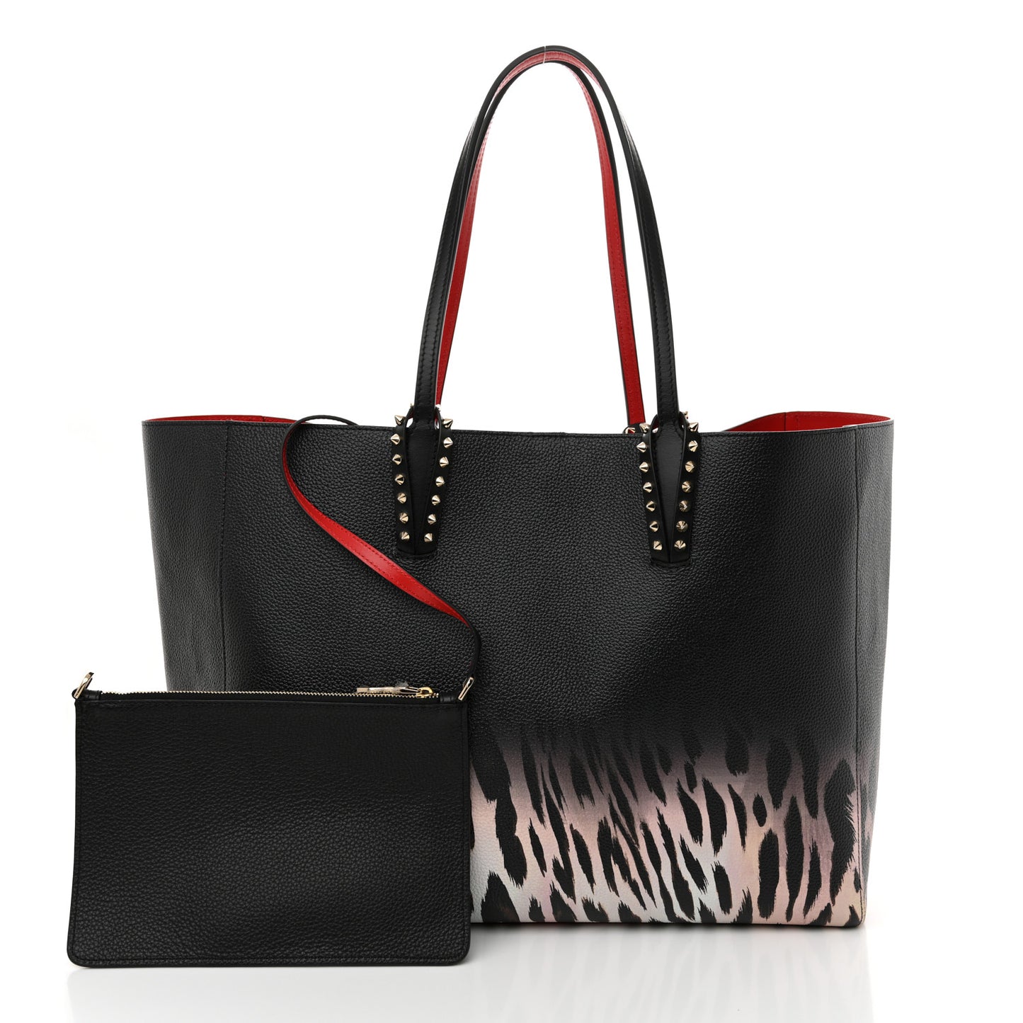 Calfskin Degrade Leopard Print Spikes East West Cabata Tote Black Pink Multi