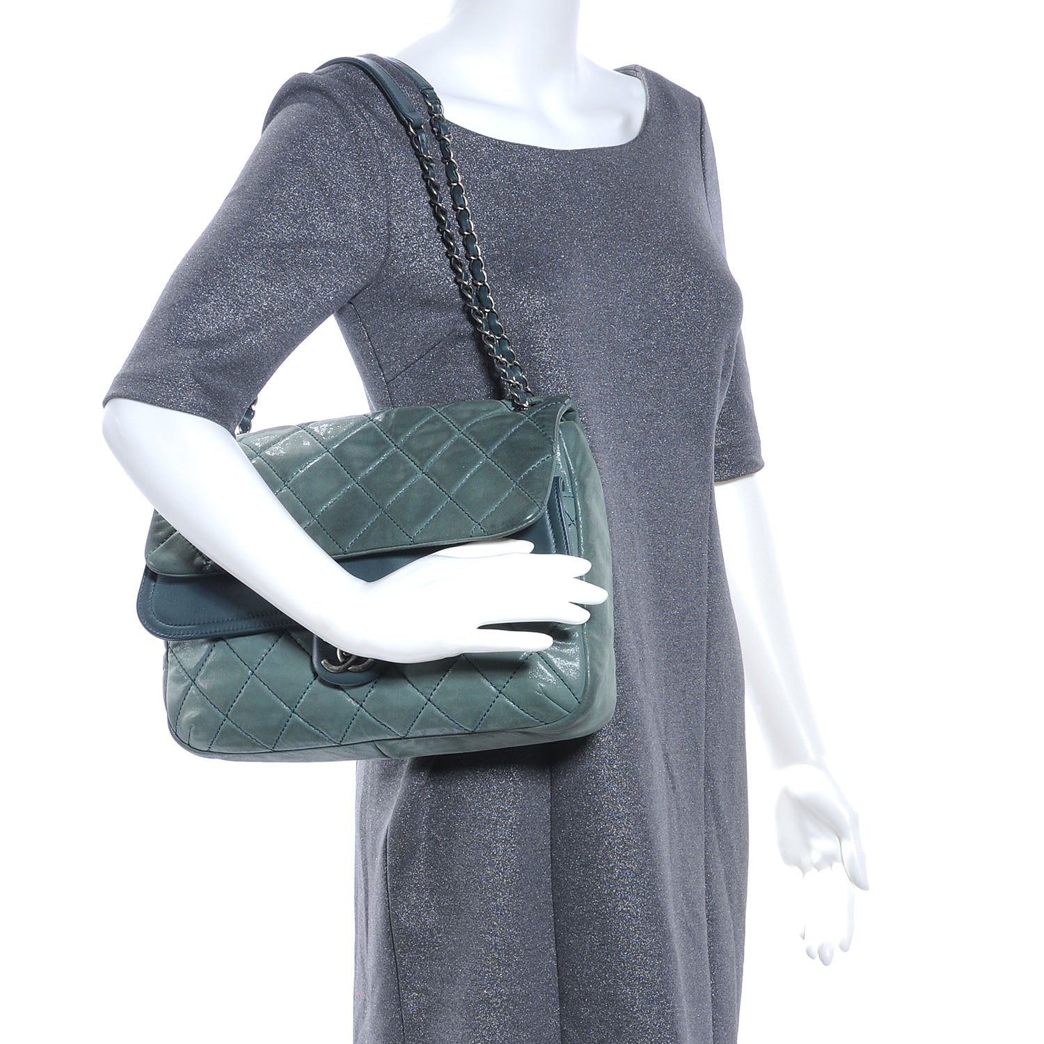 Chanel Iridescent Calfskin In the Mix Jumbo Double Flap Dark Green 2 of 7