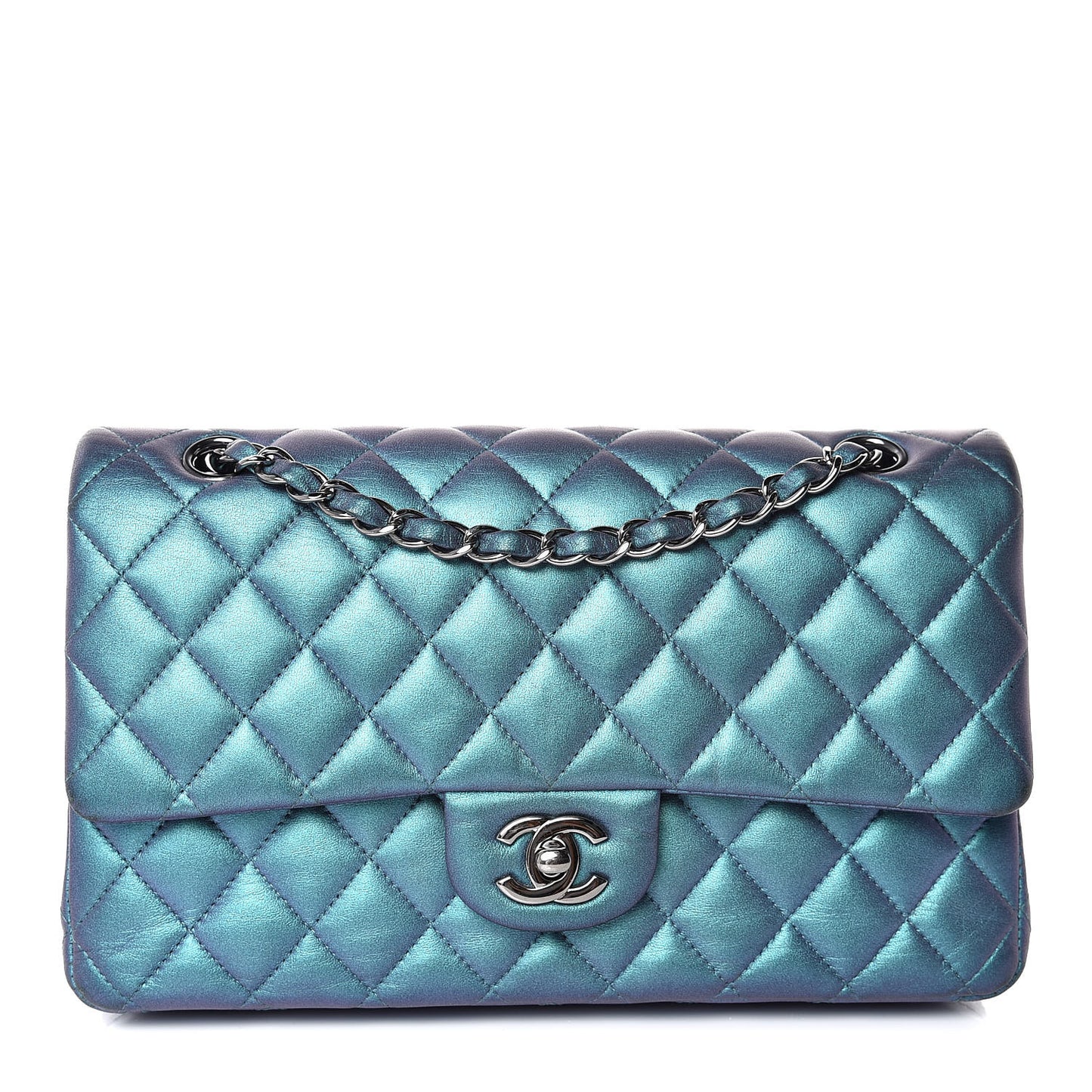 Metallic Lambskin Quilted Medium Double Flap Turquoise