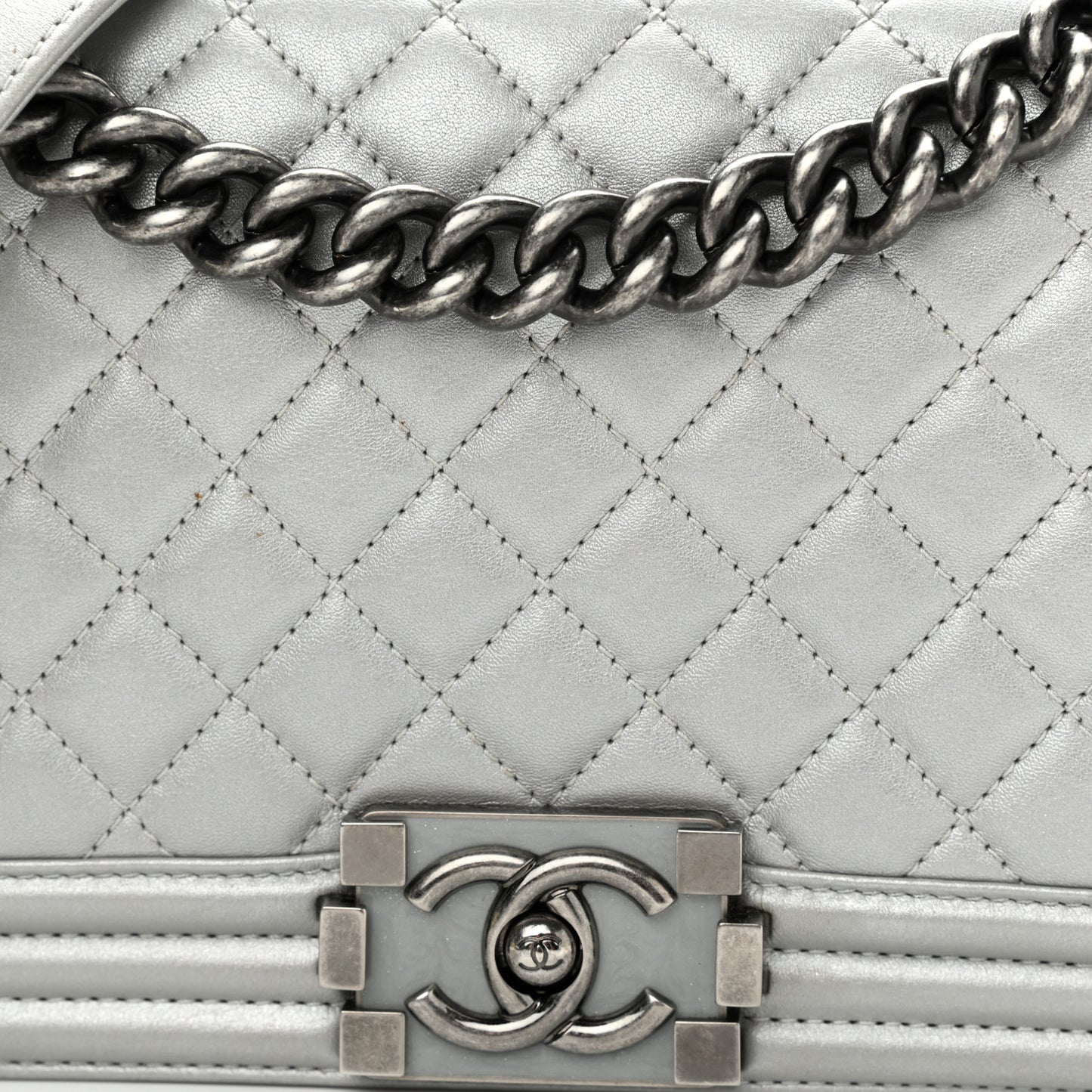 Metallic Calfskin Quilted Medium Boy Flap Silver