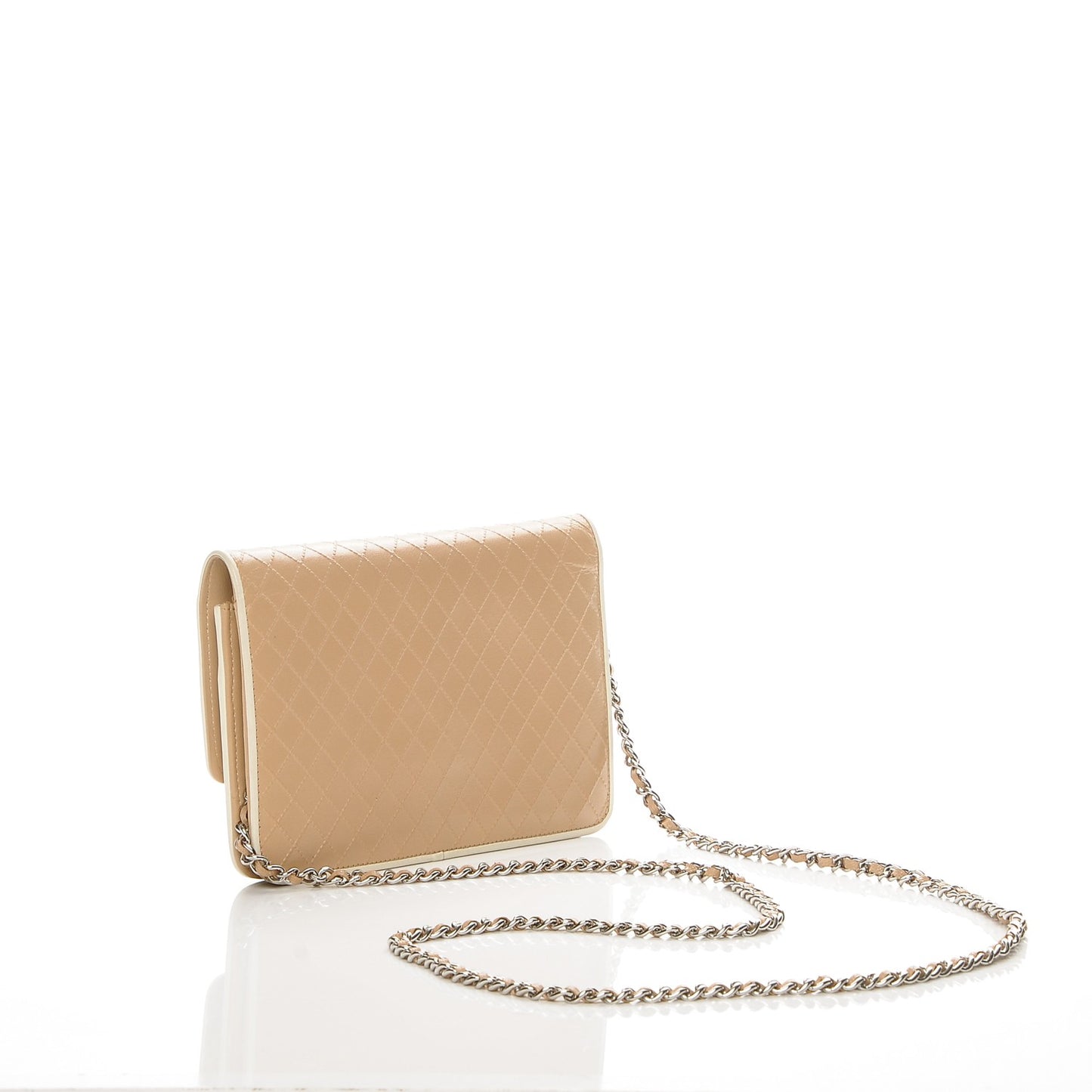 Calfskin Quilt Embossed CC Wallet On Chain WOC Beige