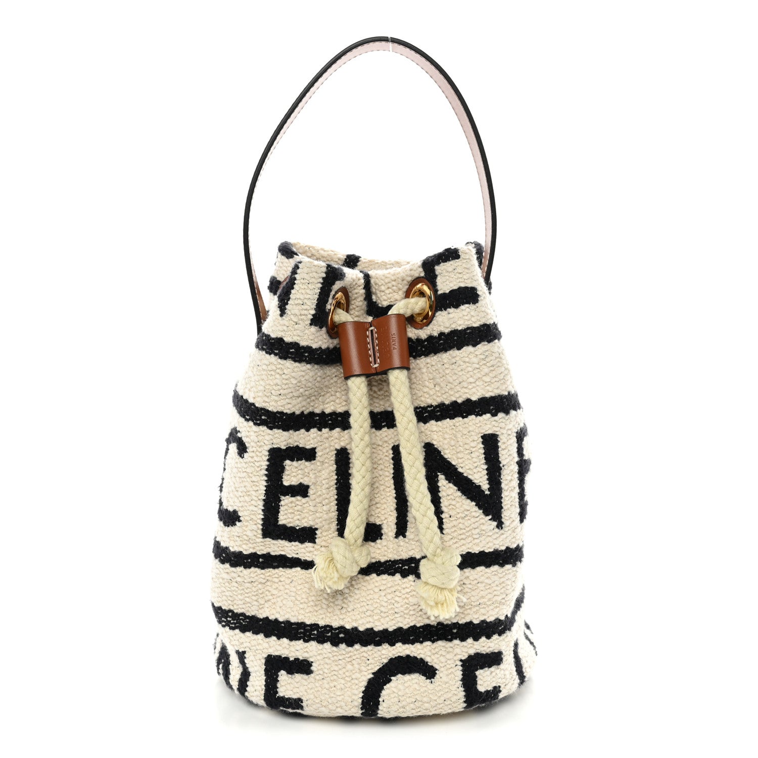 Celine Canvas Drawstring Logo Bucket Bag White Black 1 of 9