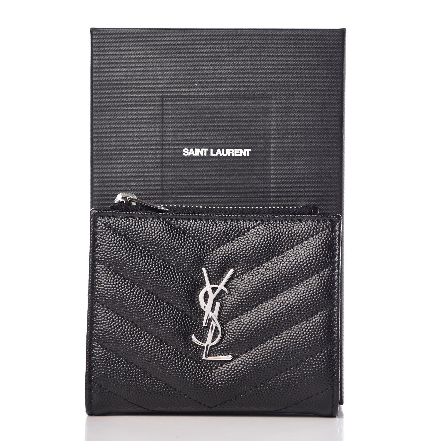 Saint Laurent Grain De Poudre Matelasse Chevron Monogram Zipped Card Case Black 6 of 6