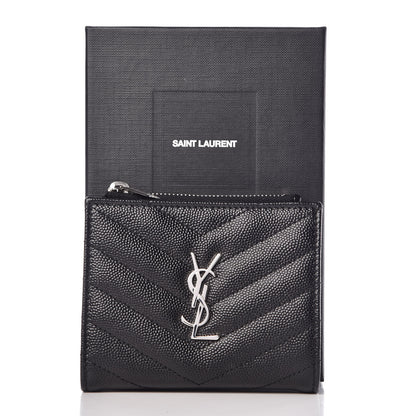 Saint Laurent Grain De Poudre Matelasse Chevron Monogram Zipped Card Case Black 6 of 6