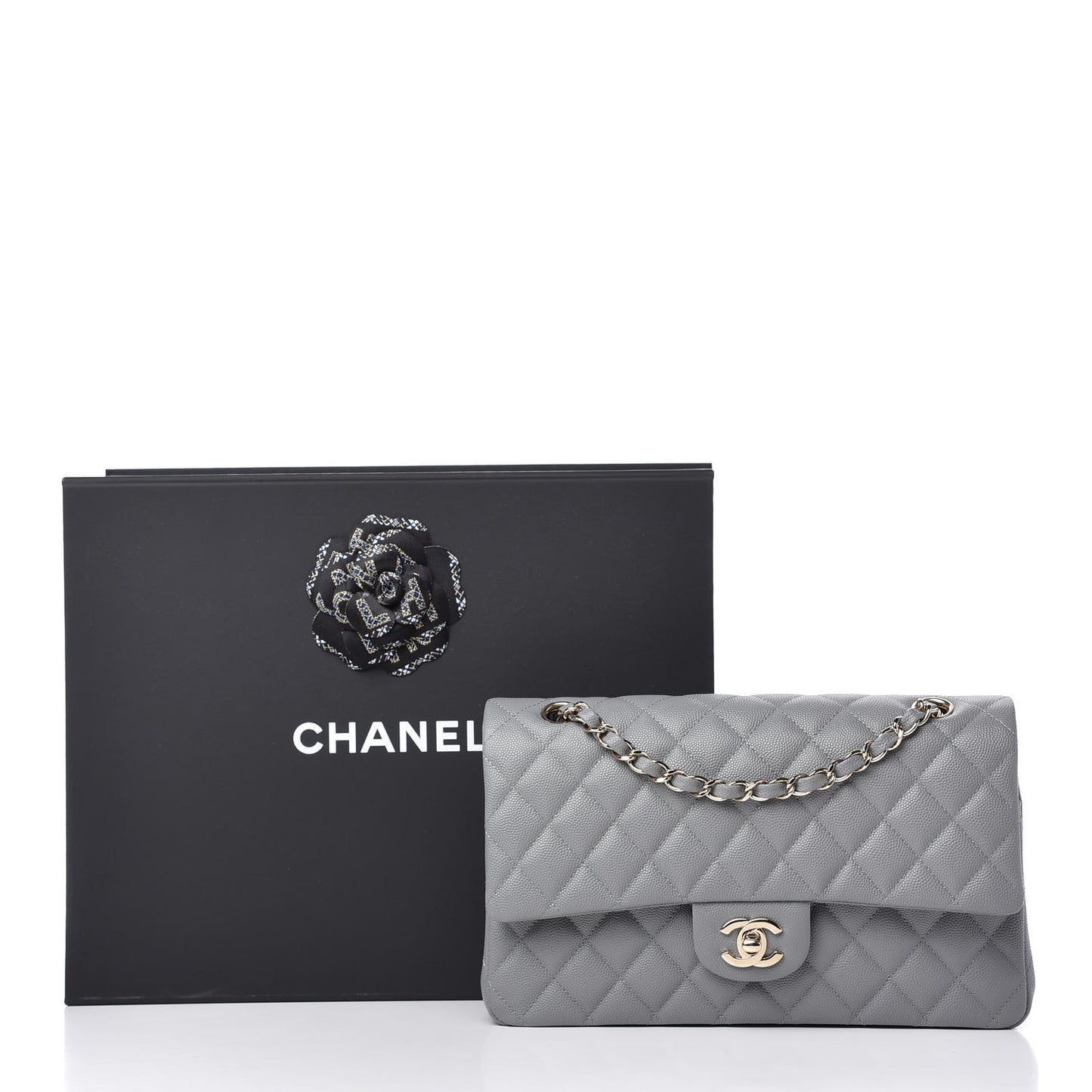 Caviar Quilted Medium Double Flap Grey