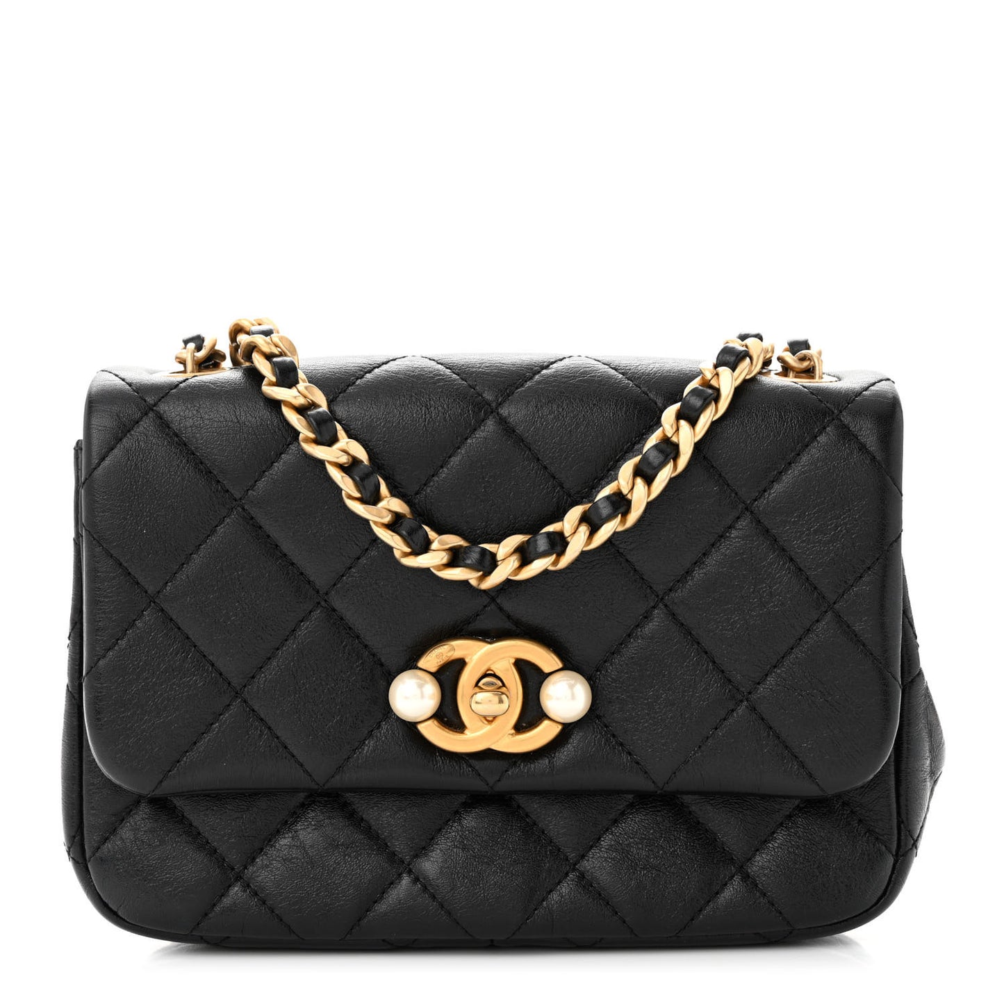 Glazed Calfskin Quilted Mini Pearl Side Flap Black