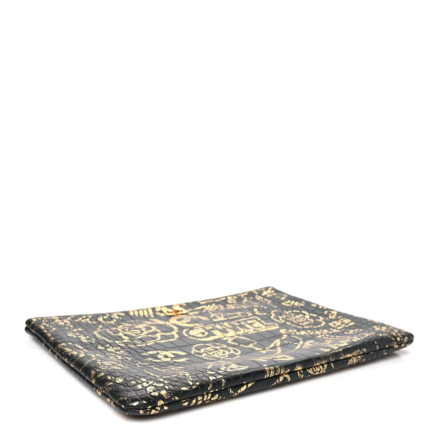 Calfskin Crocodile Embossed Graffiti 2.55 Large Cocodile Reissue Cosmetic Case Black Gold