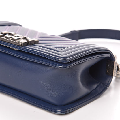 Chanel Calfskin Painted Chevron Embossed Small Boy Flap Dark Blue 9 of 18