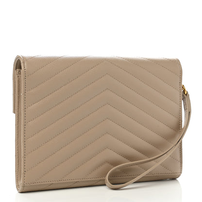 Saint Laurent Grain De Poudre Matelasse Chevron Monogram Envelope Clutch Dark Beige 3 of 7