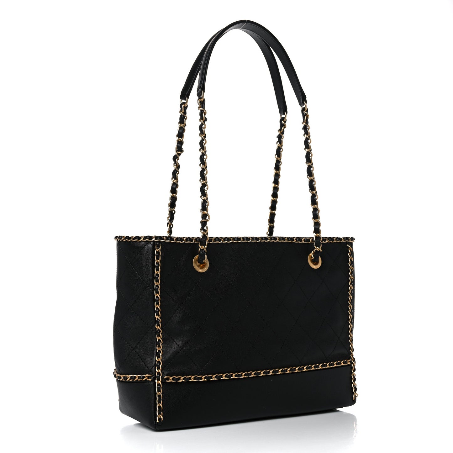 Calfskin Quilted Chain Lines Shopping Tote Black