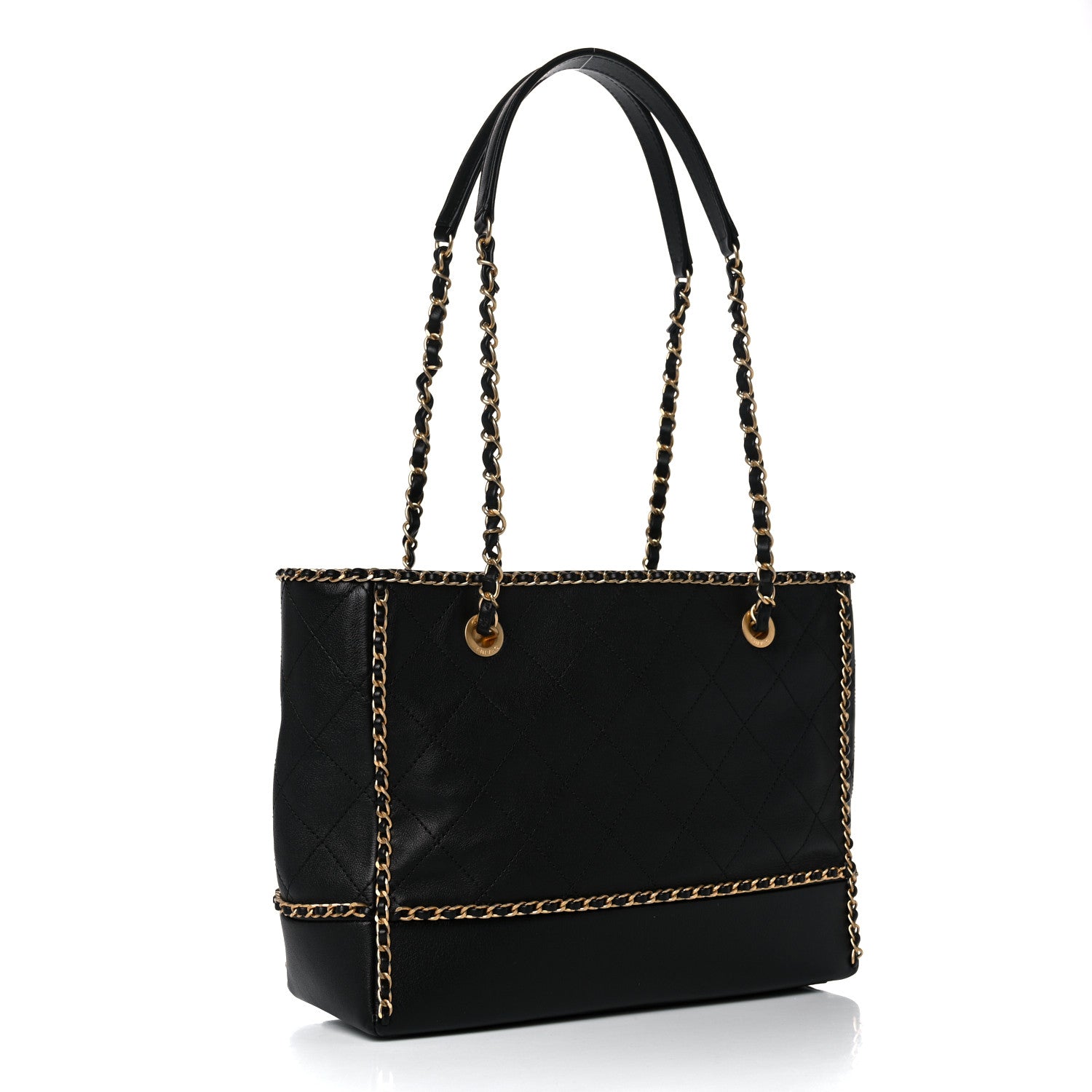 Chanel Calfskin Quilted Chain Lines Shopping Tote Black 3 of 12