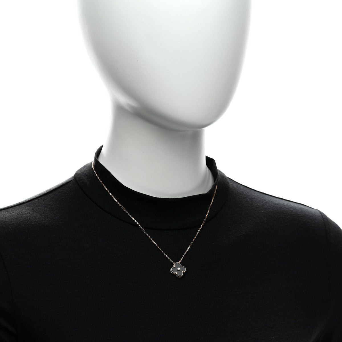 Van Cleef & Arpels 18K Rose Gold Diamond Black Onyx Vintage Alhambra Pendant Necklace 2 of 5