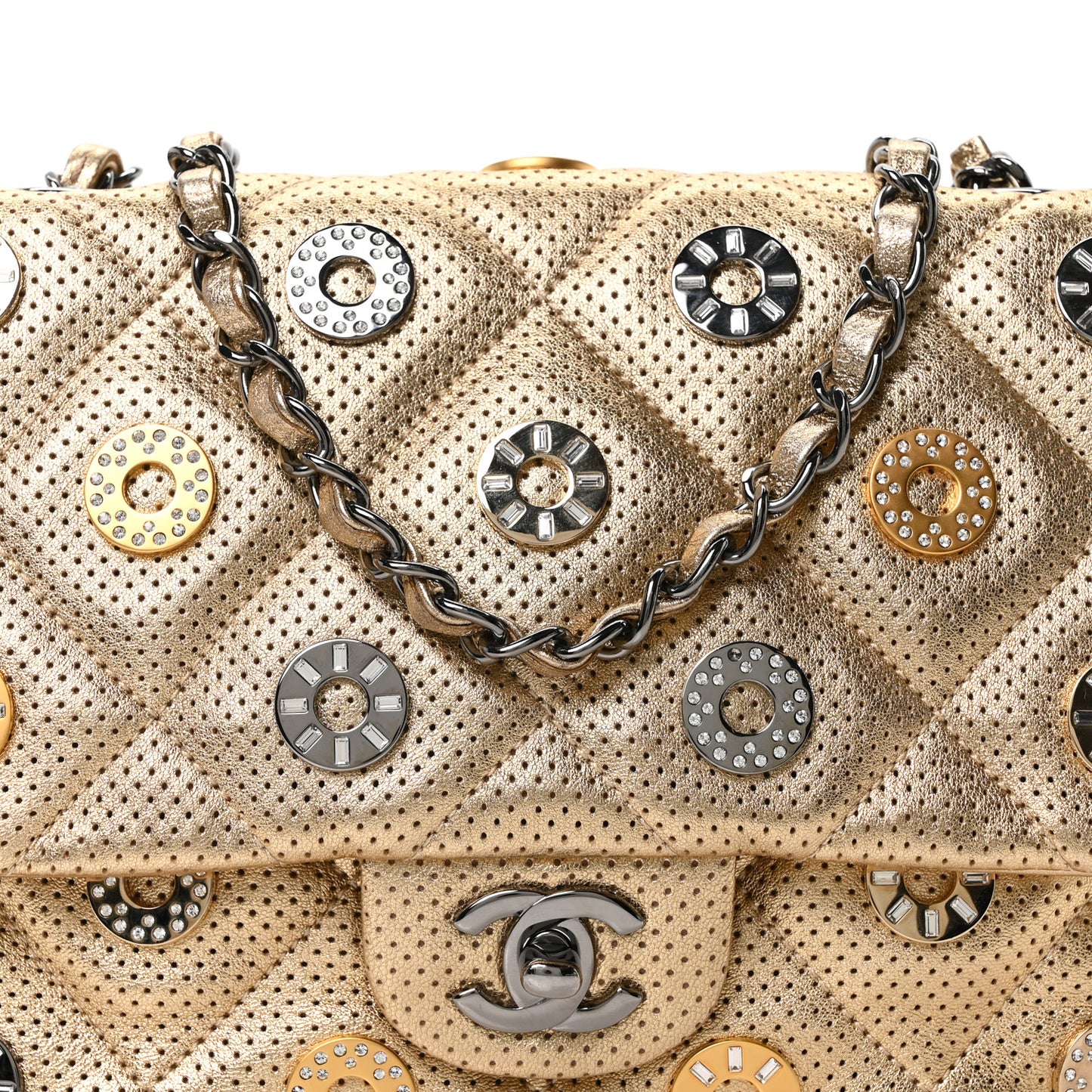 Perforated Metallic Lambskin Small CC Medals Flap Gold