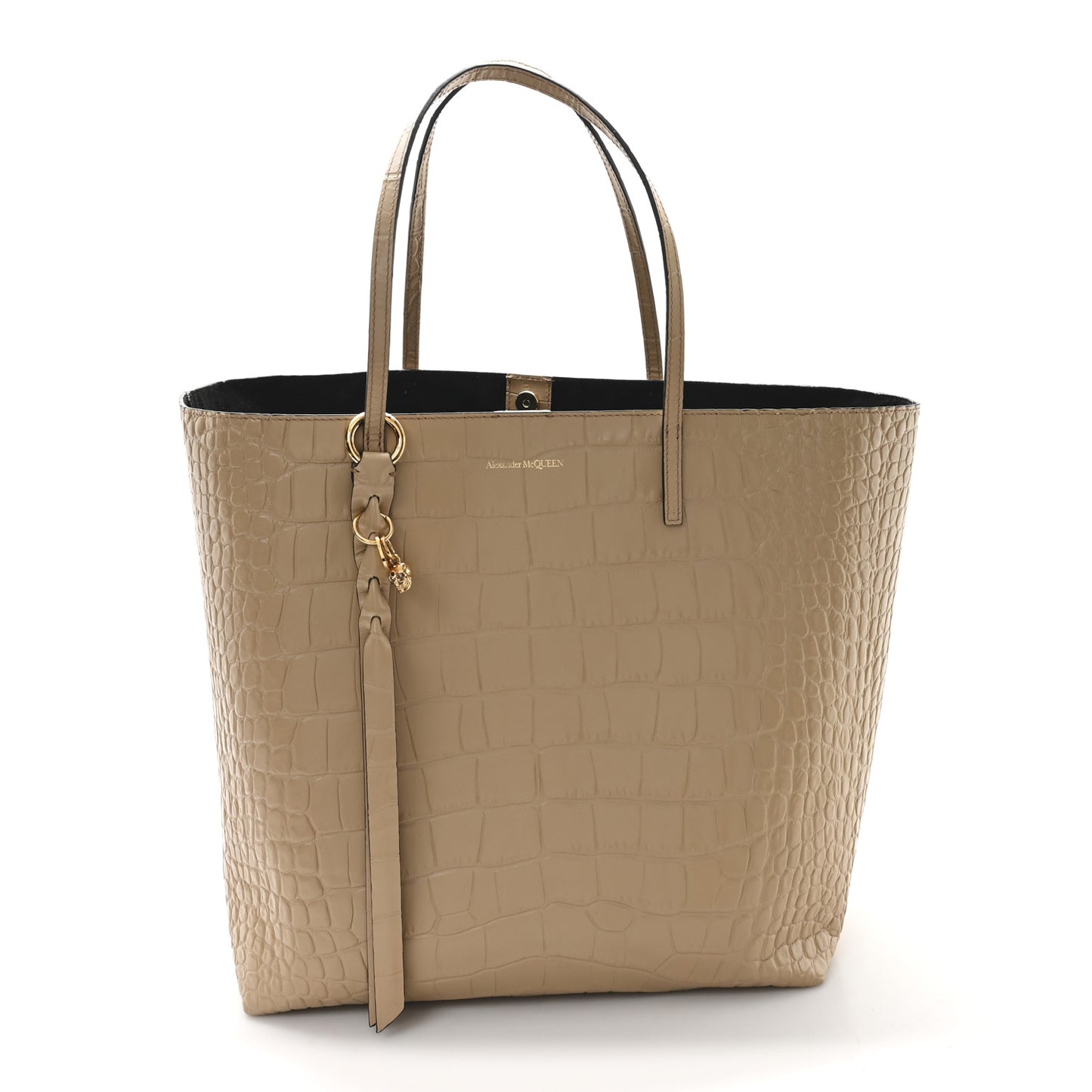 Calfskin Crocodile Embossed Skull Open Shopper Tote Camel