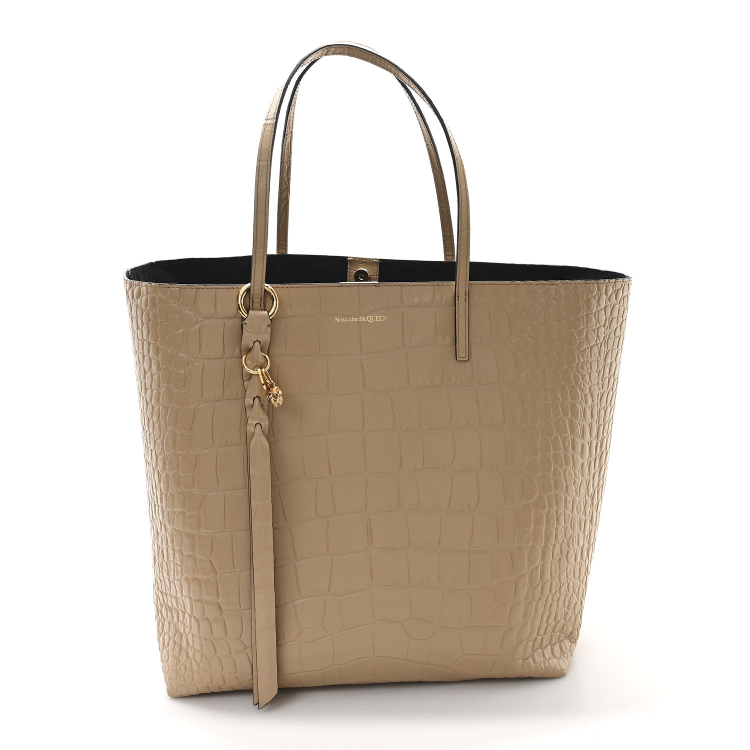 Alexander McQueen Calfskin Crocodile Embossed Skull Open Shopper Tote Camel 1 of 11
