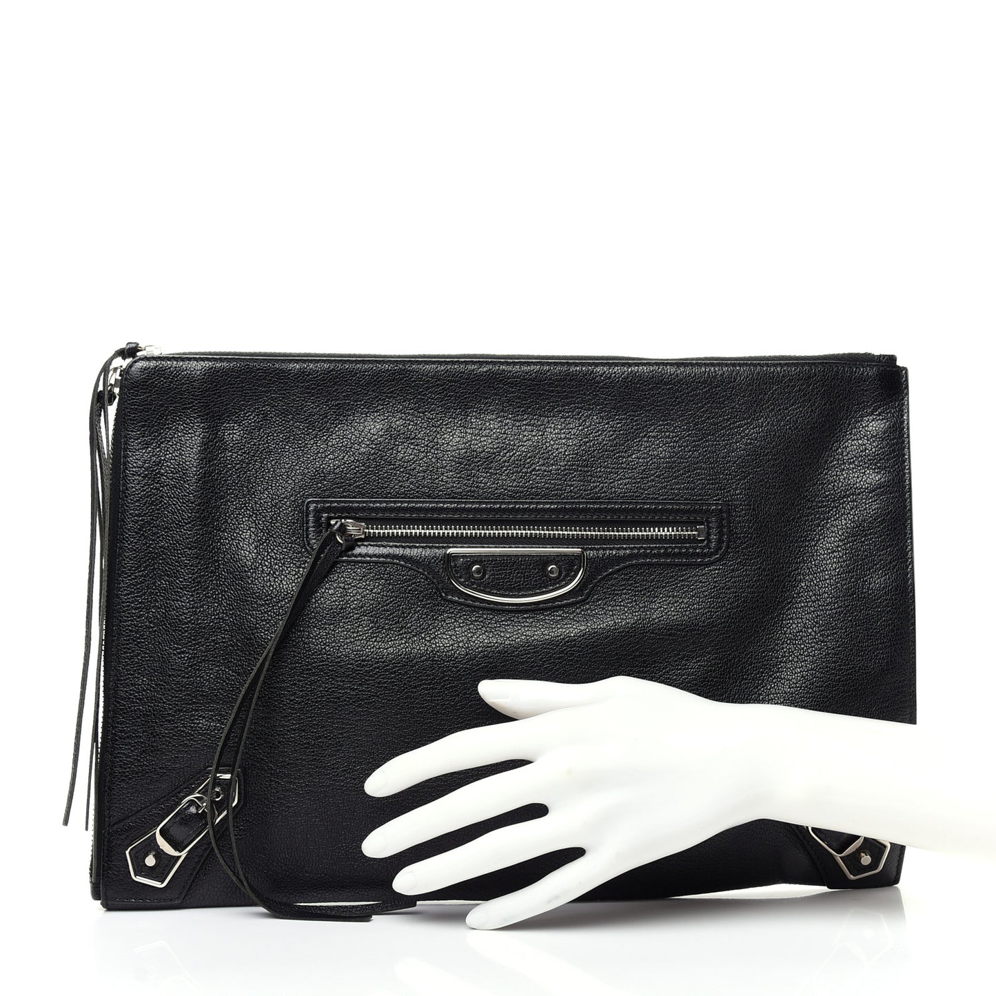 Chevre Silver Metallic Edge Hardware Pouch Black