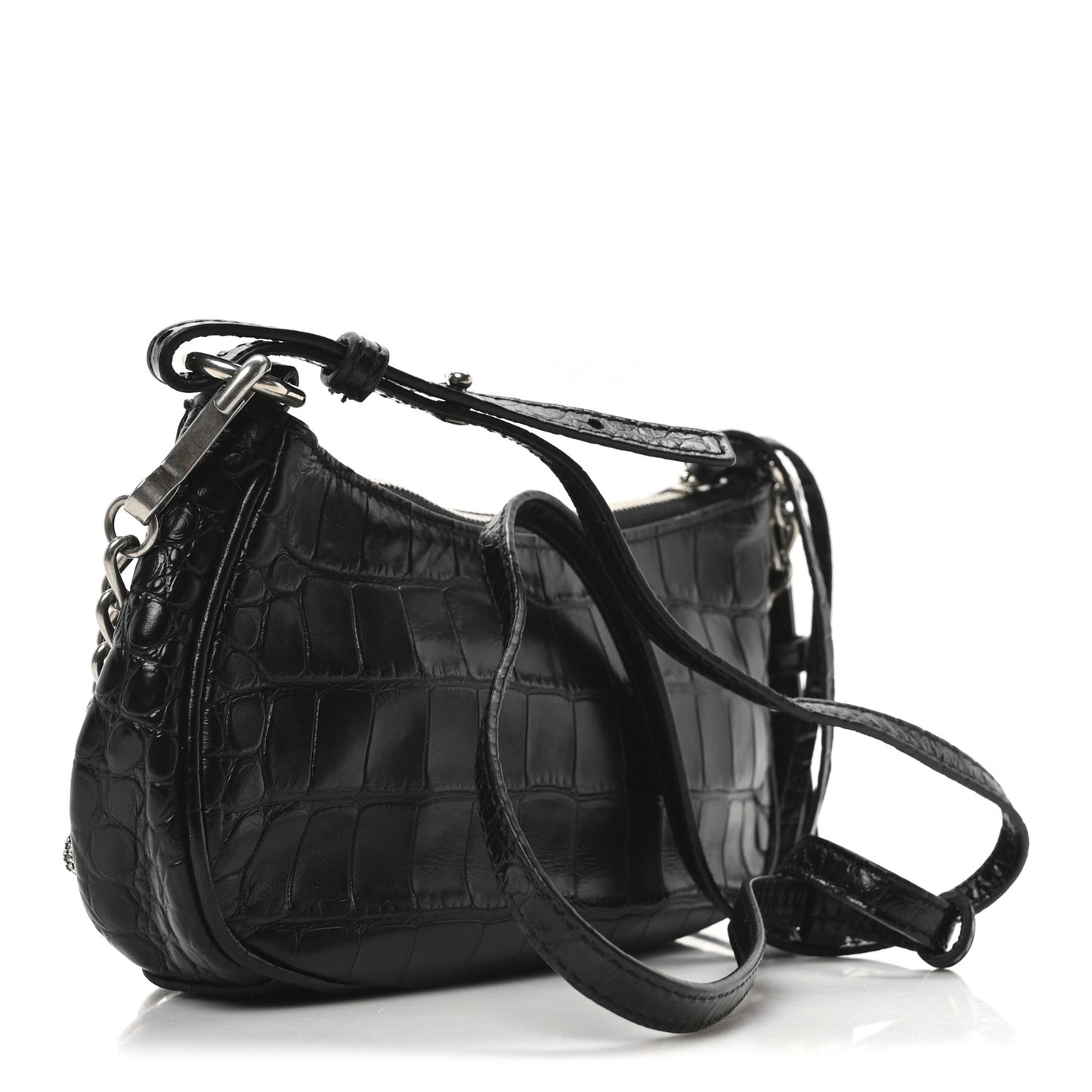 Extra Supple Calfskin Crocodile Embossed Crystal Le Cagole Mini Purse With Chain Black