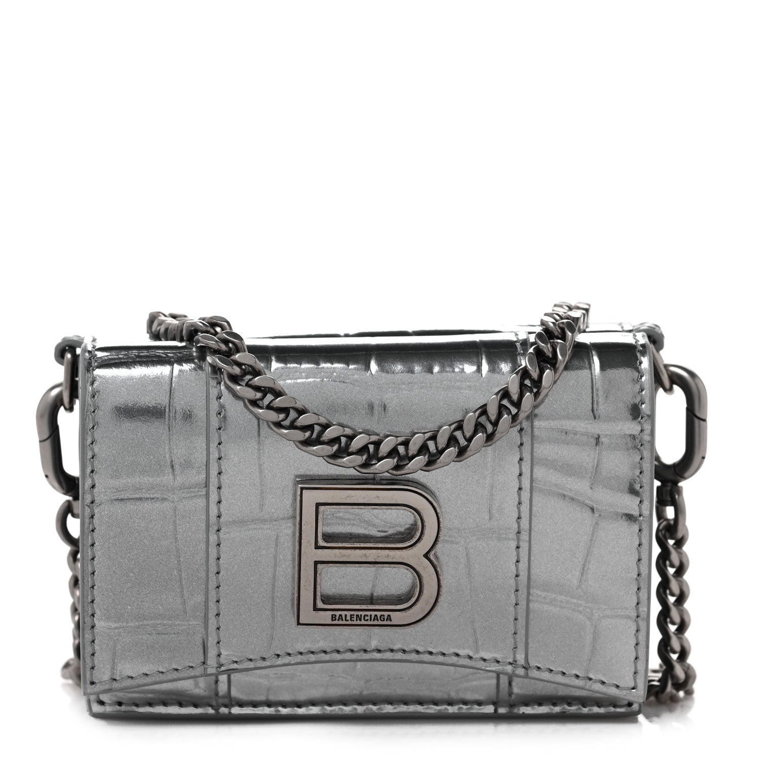 Balenciaga Metallic Calfskin Crocodile Embossed Mini Hourglass Wallet on Chain Silver 1 of 8