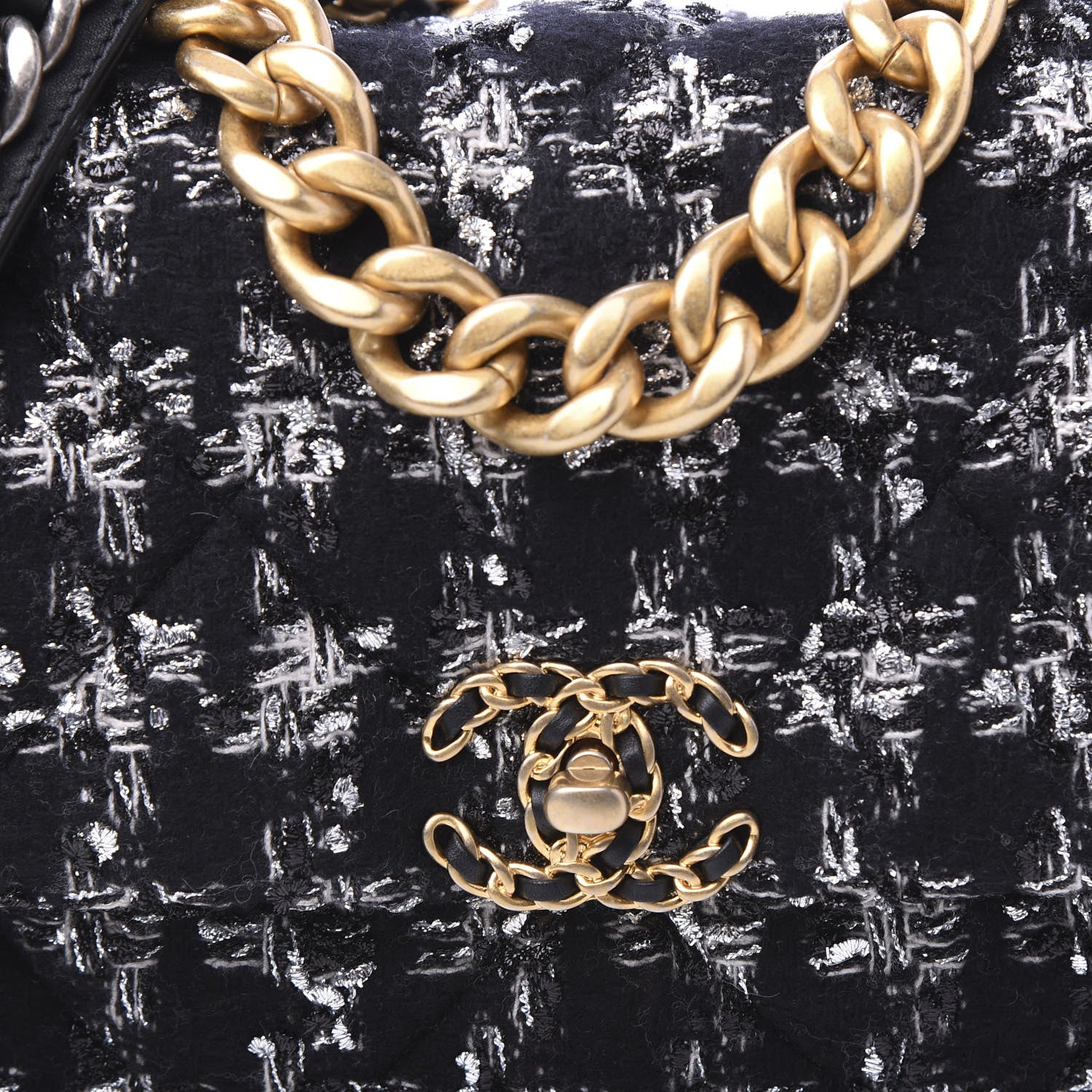 Chanel Tweed Quilted Large 19 Flap Black Ecru White 10 of 10