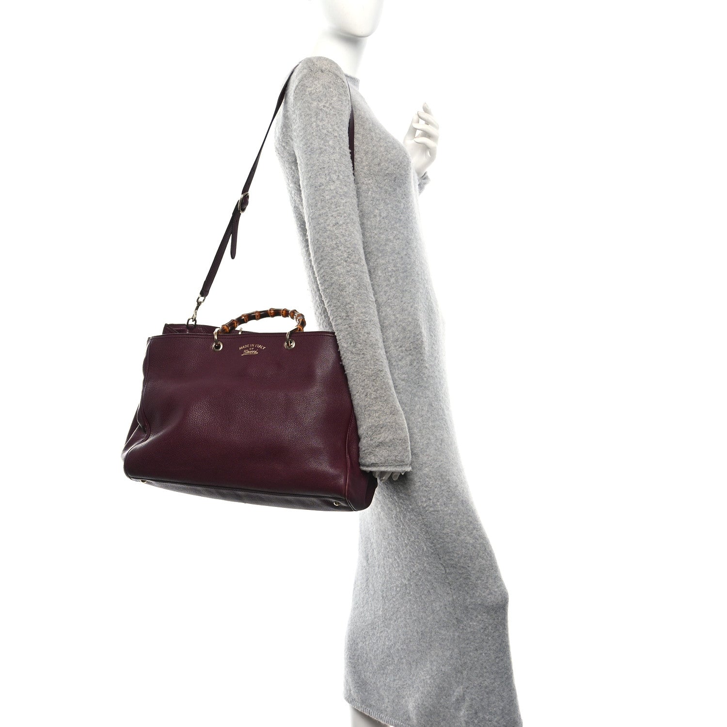 GUCCI カバン Gucci Pebbled Calfskin Large Bamboo Shopper Tote Burgundy 1875276