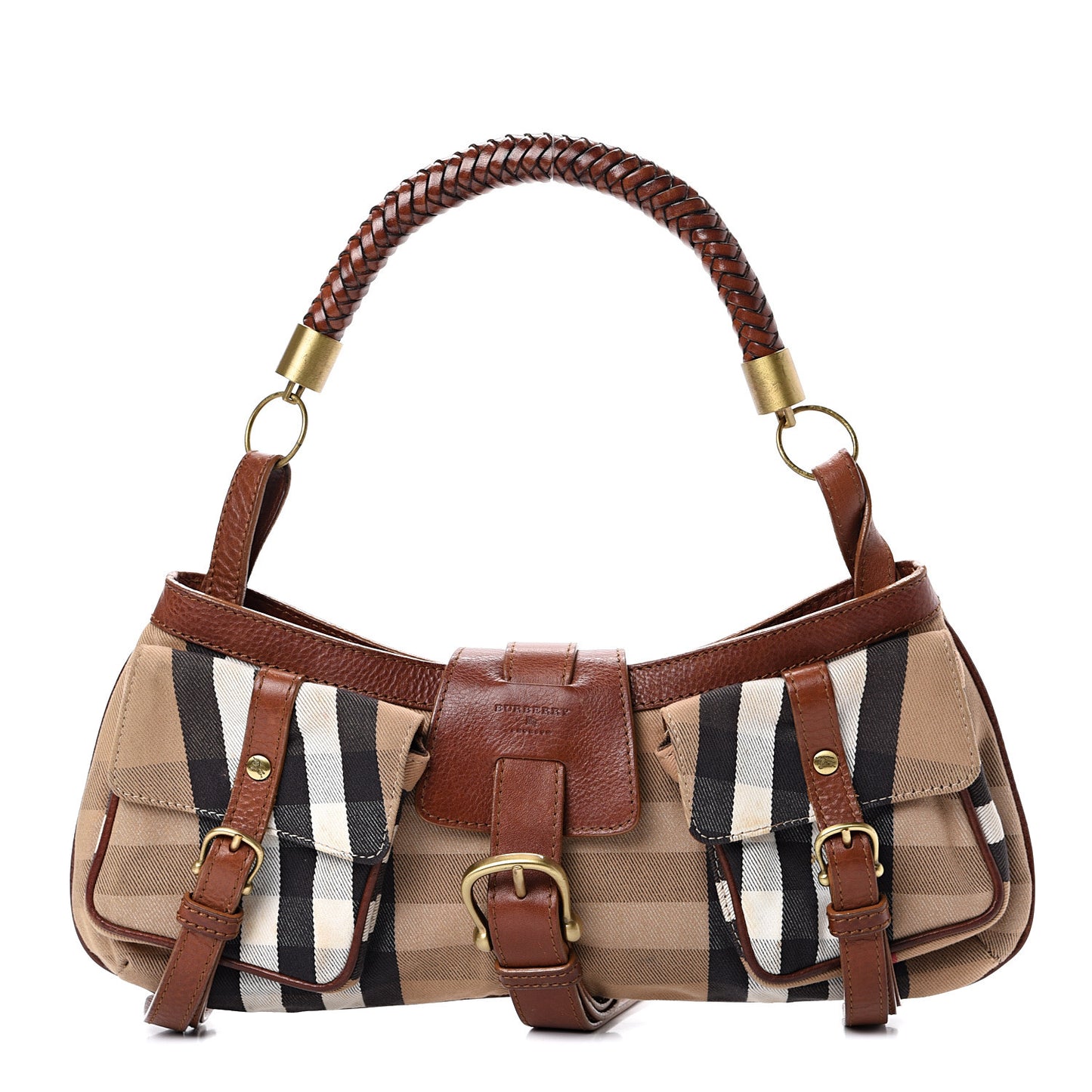 Calfskin House Check Woven Shoulder Bag Tan