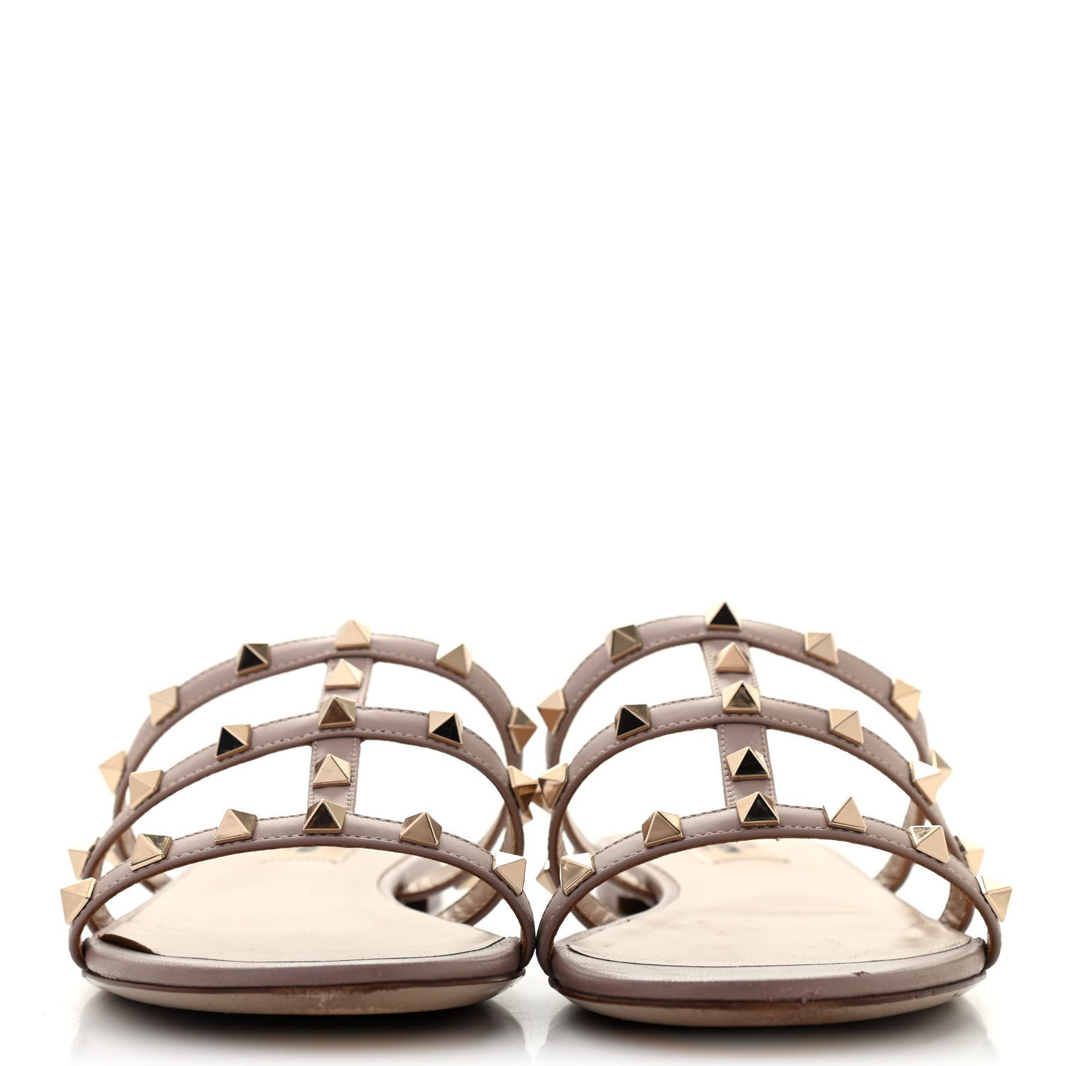Valentino Garavani Calfskin Rockstud Caged Flat Slide Sandals 39.5 Poudre 2 of 9